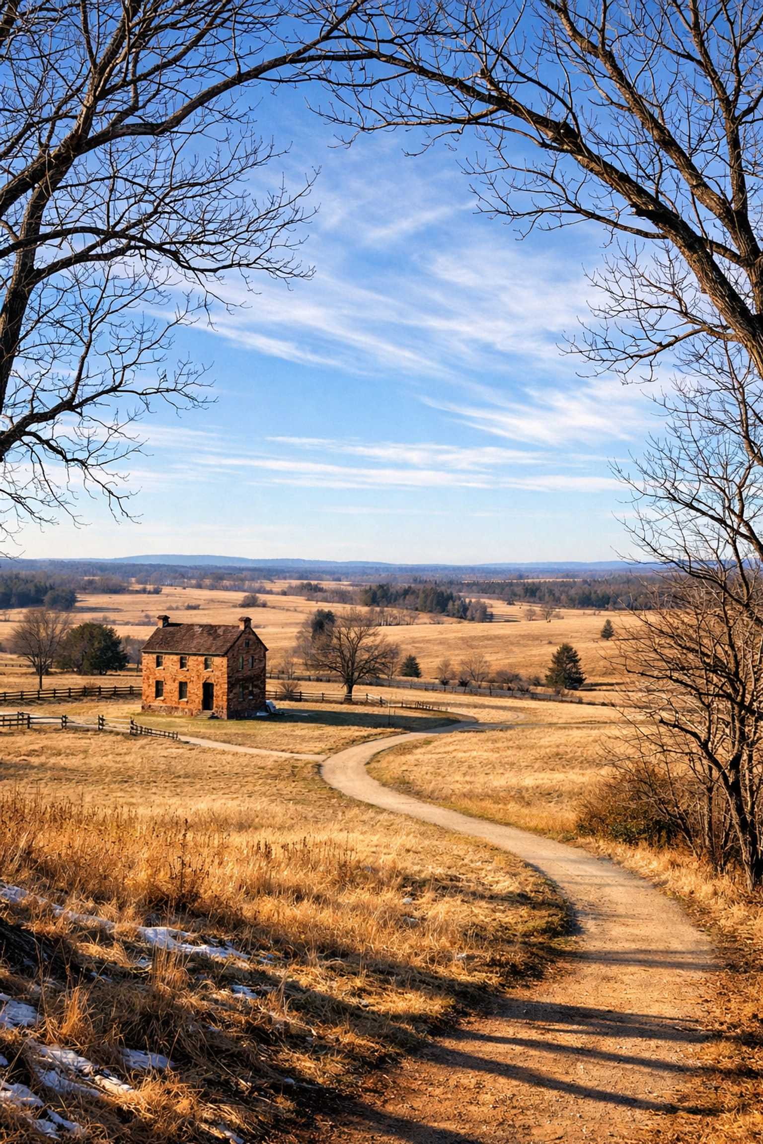 Winter scenic trails and rolling hills at Manassas National Battlefield Park in Prince William County Virginia