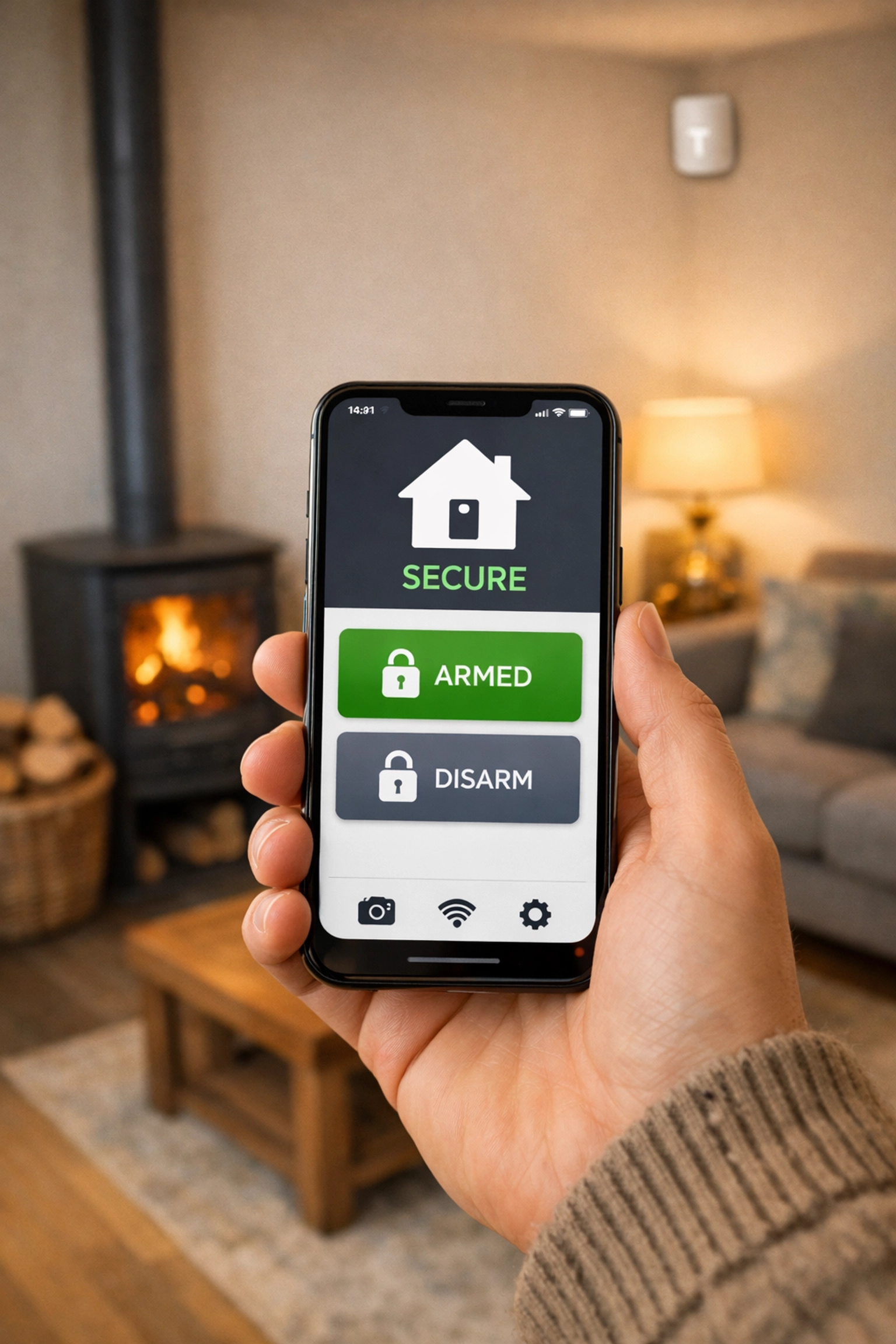 Homeowner using a smart security app on a smartphone to monitor a wireless alarm system in a modern UK living room.
