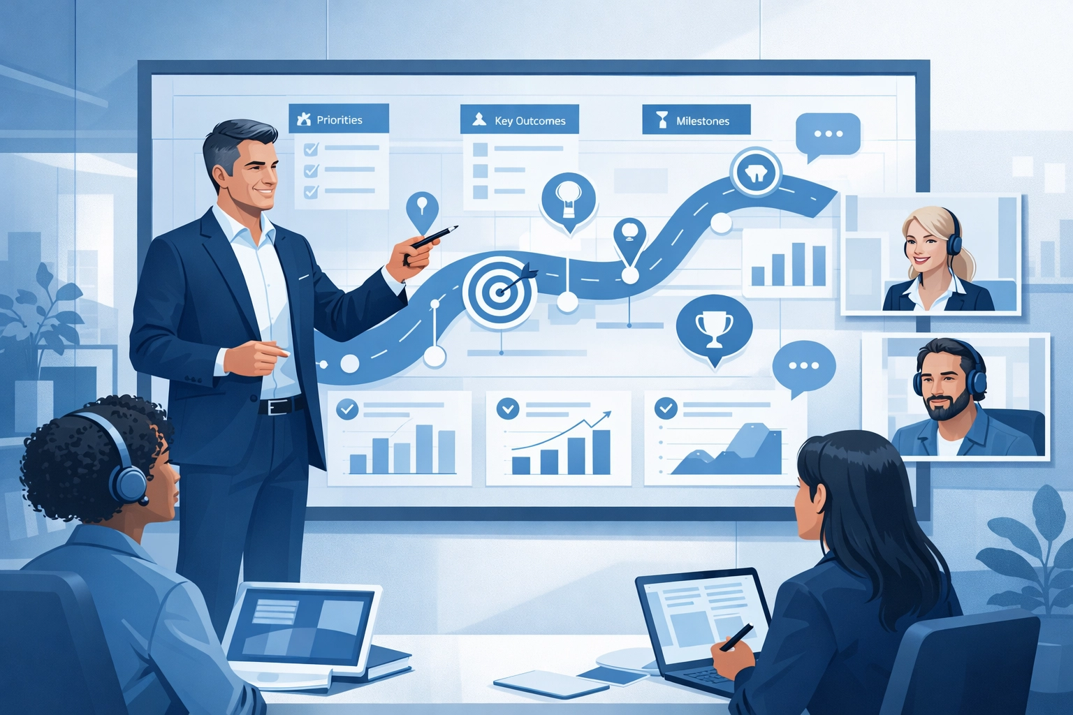 Leaders creating clarity across hybrid teams with shared priorities and transparent communication