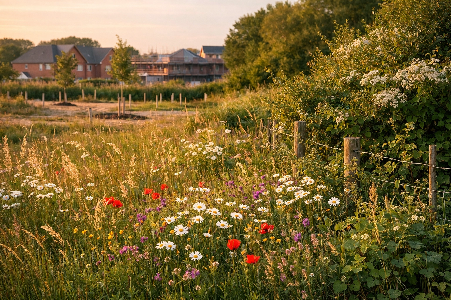 Wildflower meadow and hedgerow on a Midlands housing site awaiting an ecology survey.