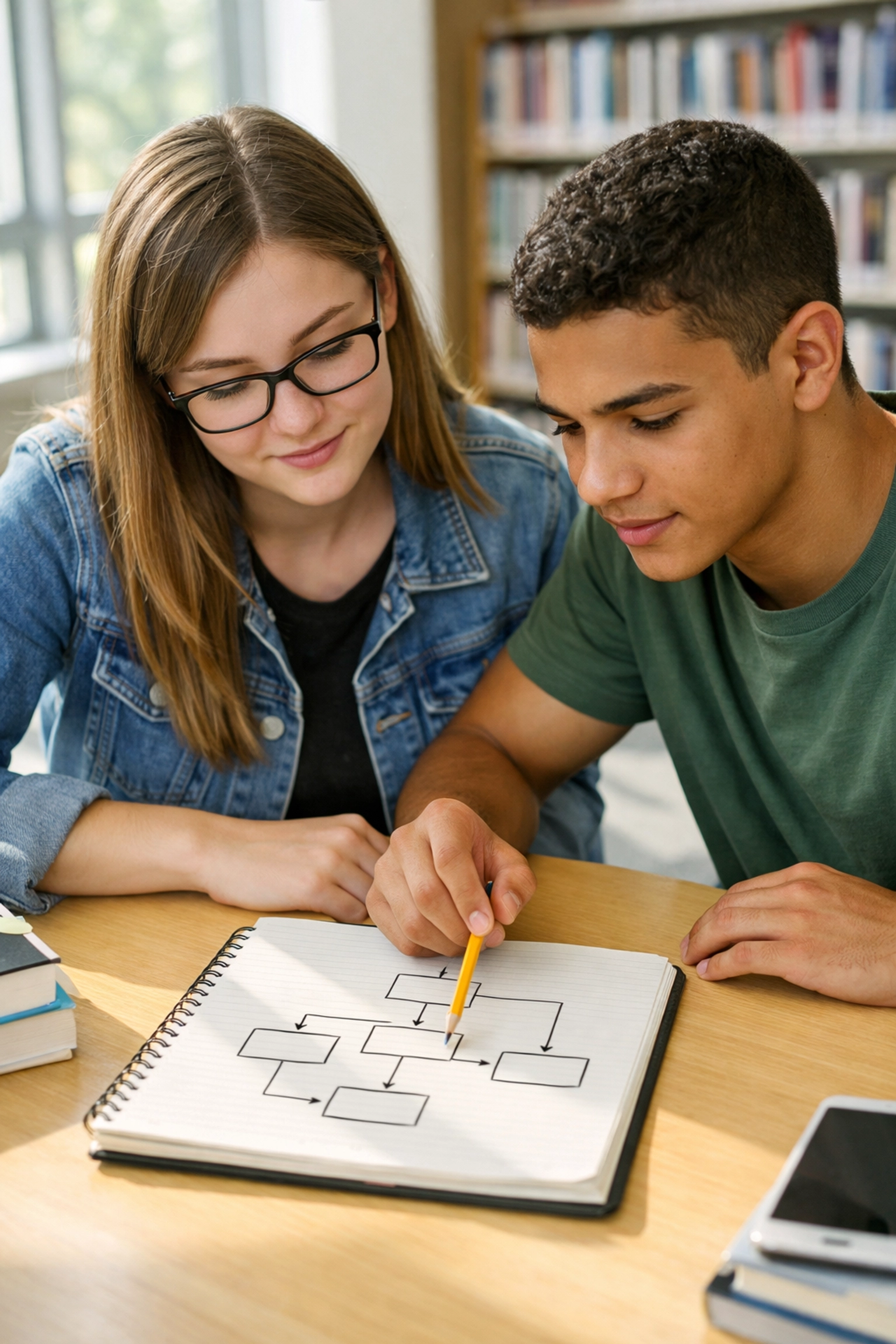 High school students analyzing an evidence-based logic flowchart for SAT reading practice.