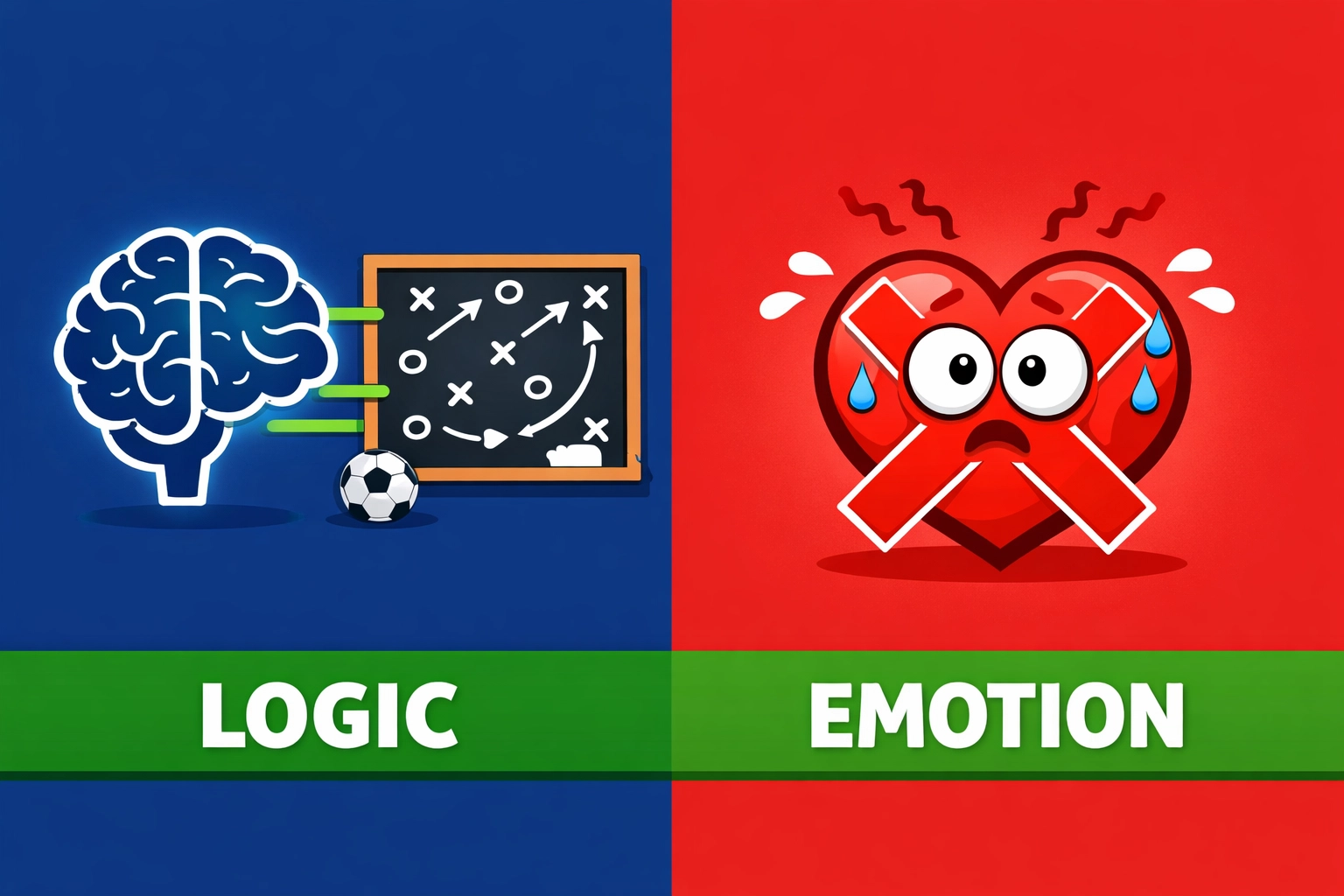 An illustration comparing logical betting tactics with emotional decisions in football betting.