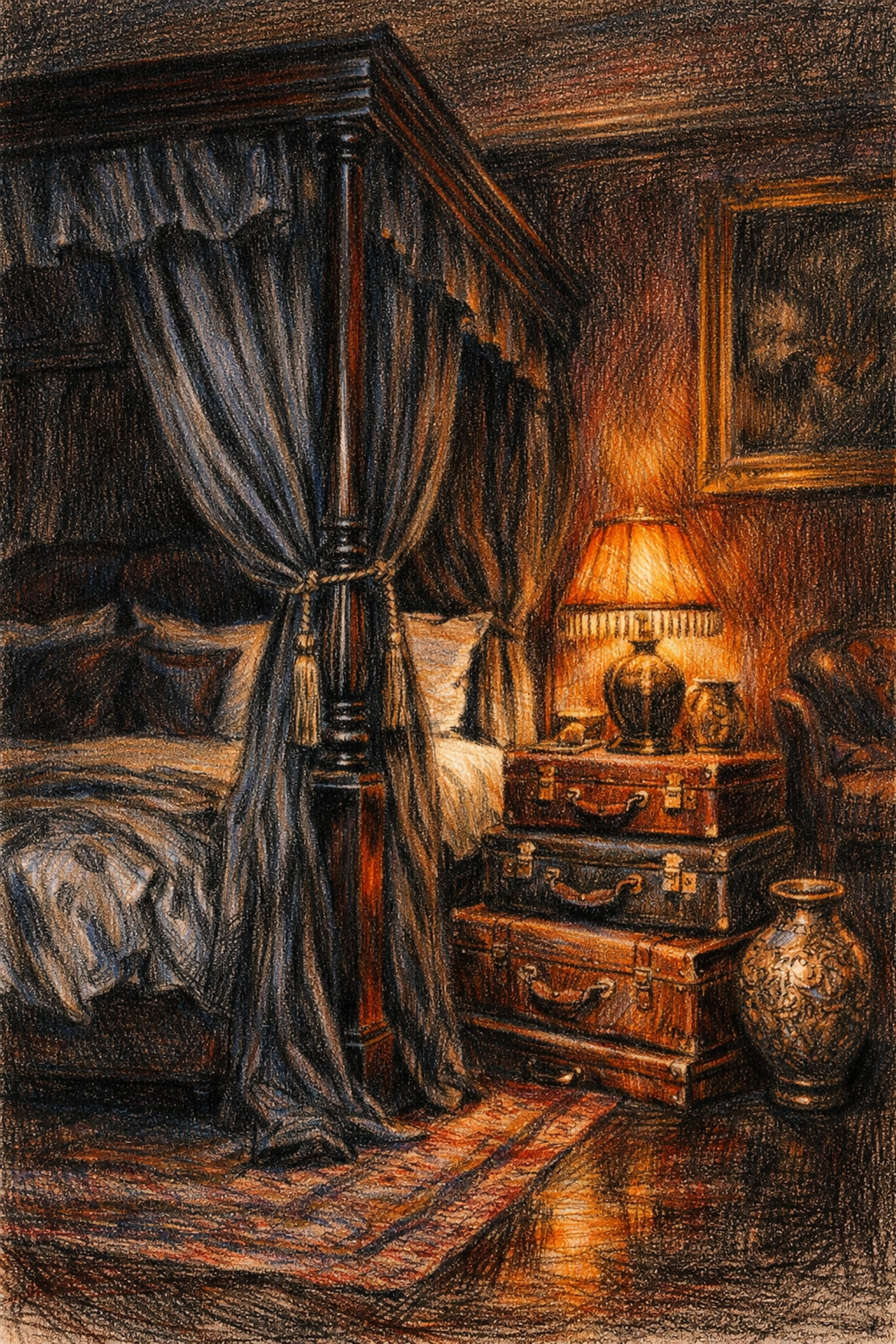 Opulent boutique hotel suite with a grand four-poster bed and charcoal silk drapes.