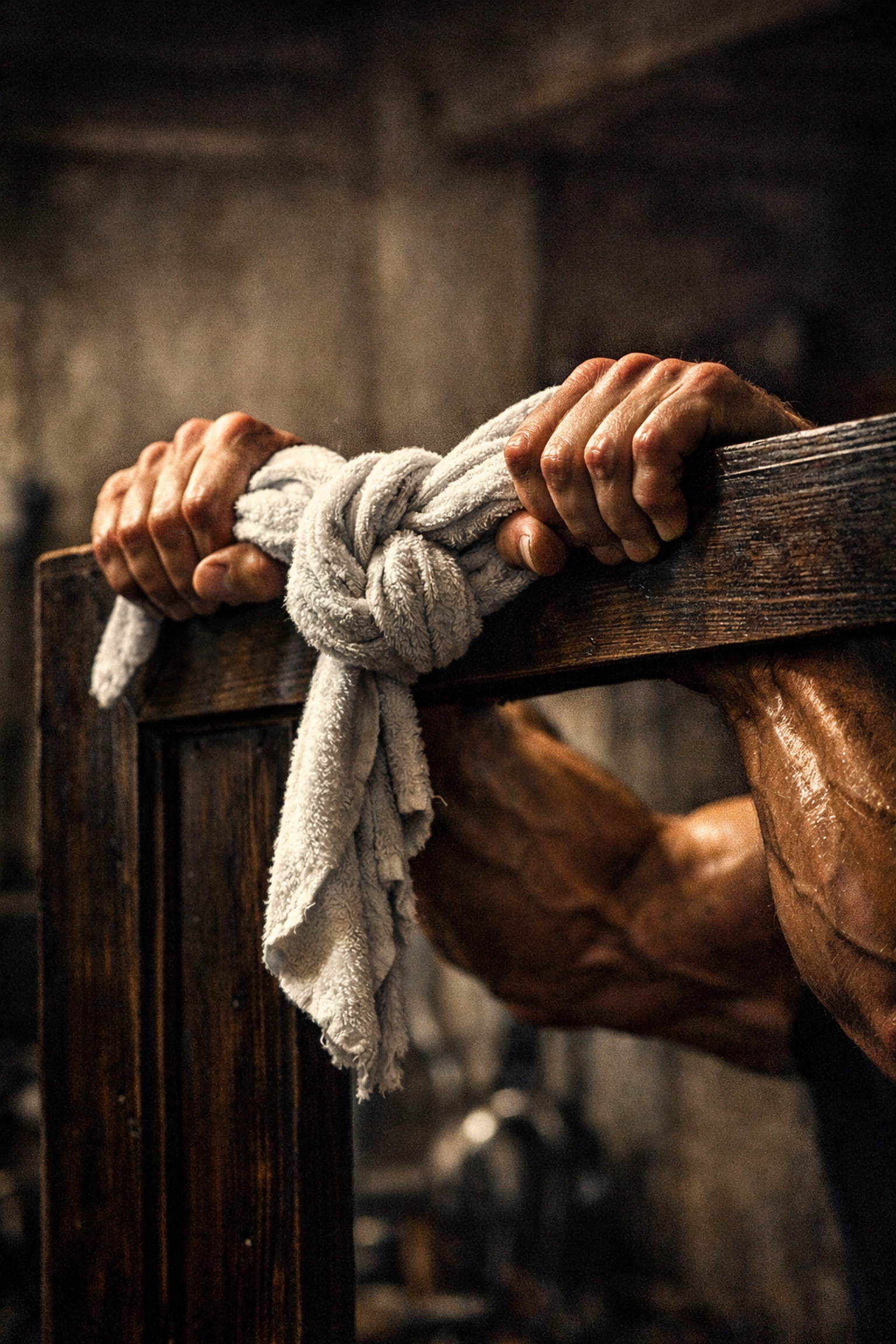 Athlete performing towel pull-ups over a door frame as a DIY pull up bar alternative.