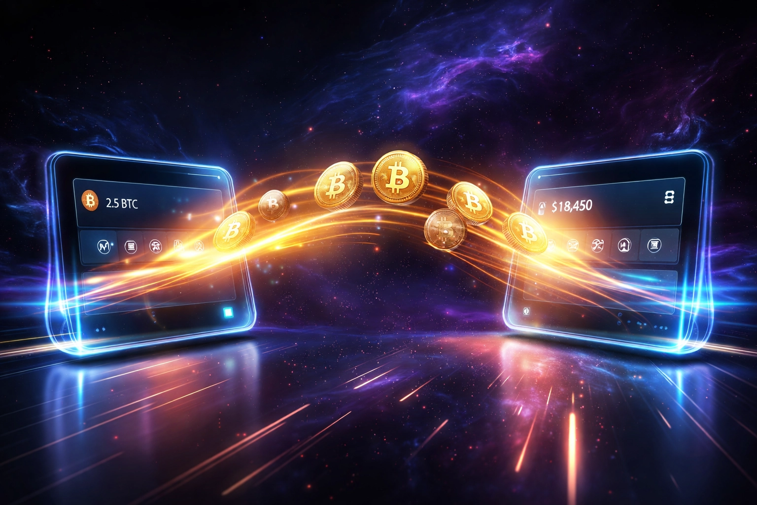 Cryptocurrency coins moving directly between wallets, representing fast, low-fee Solana payments for merchants