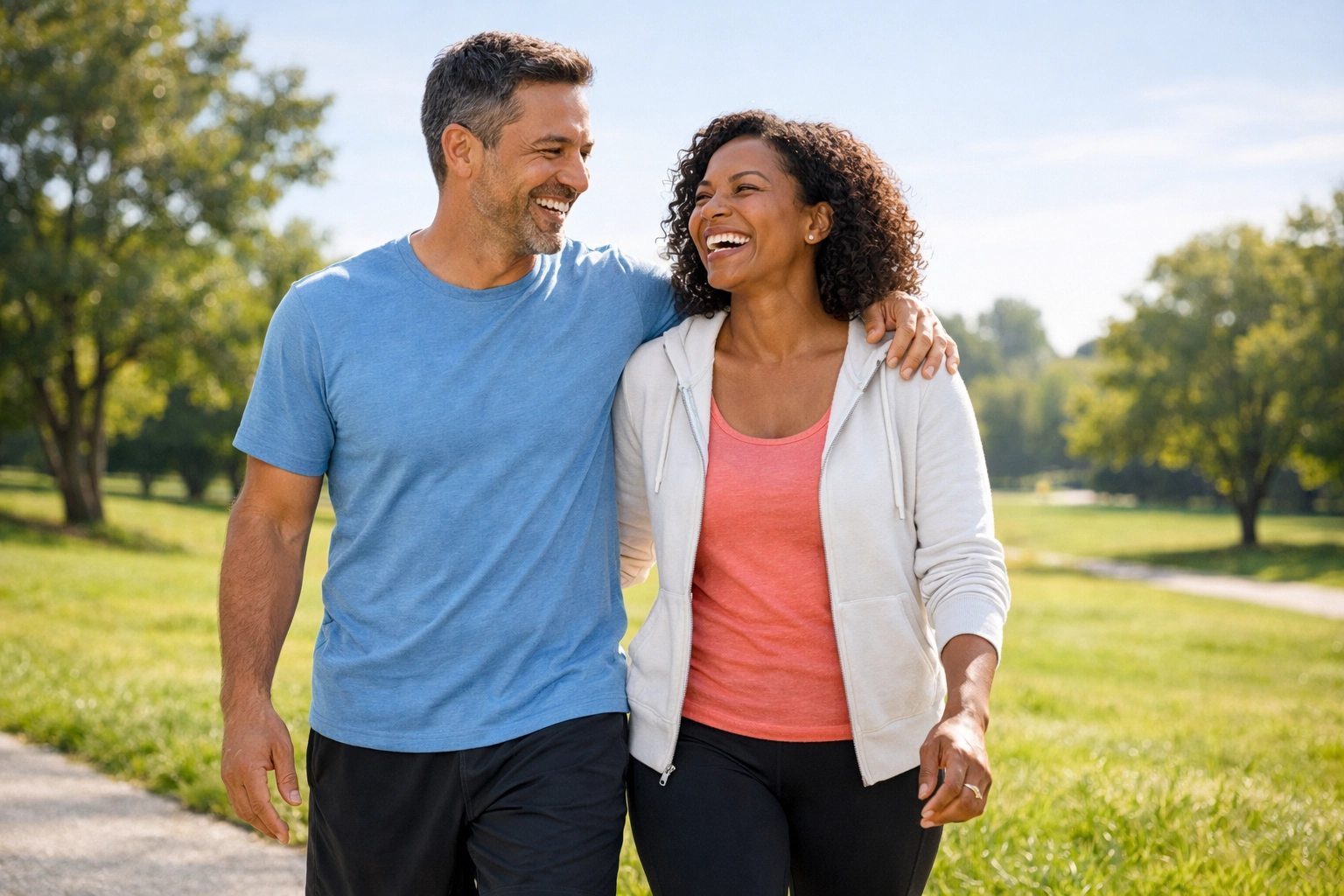 Healthy couple walking outdoors, representing vitality and long-term success with a medical weight loss plan.
