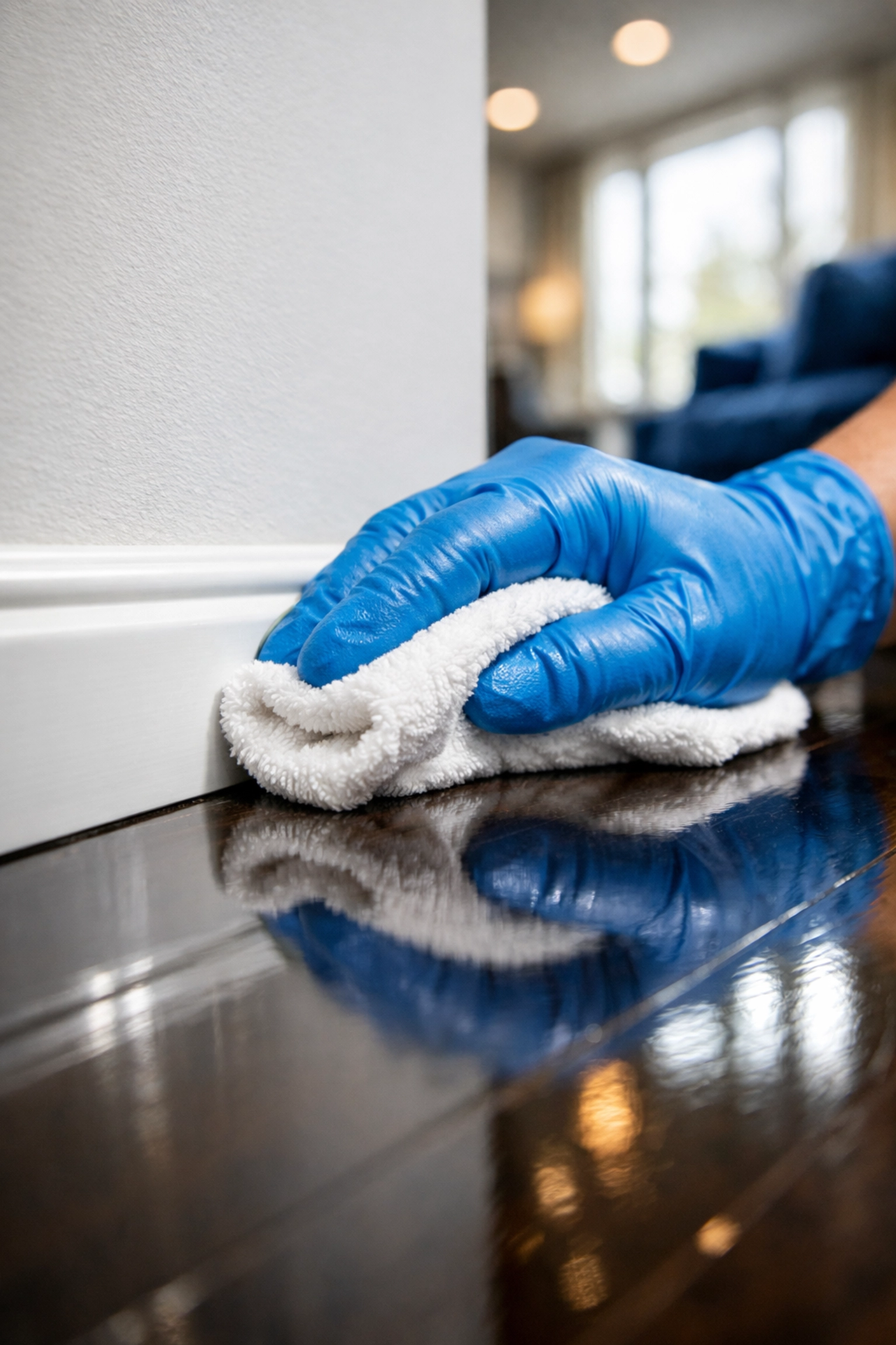 Professional cleaner wiping dust from white baseboards during a deep Boston move-out cleaning service.