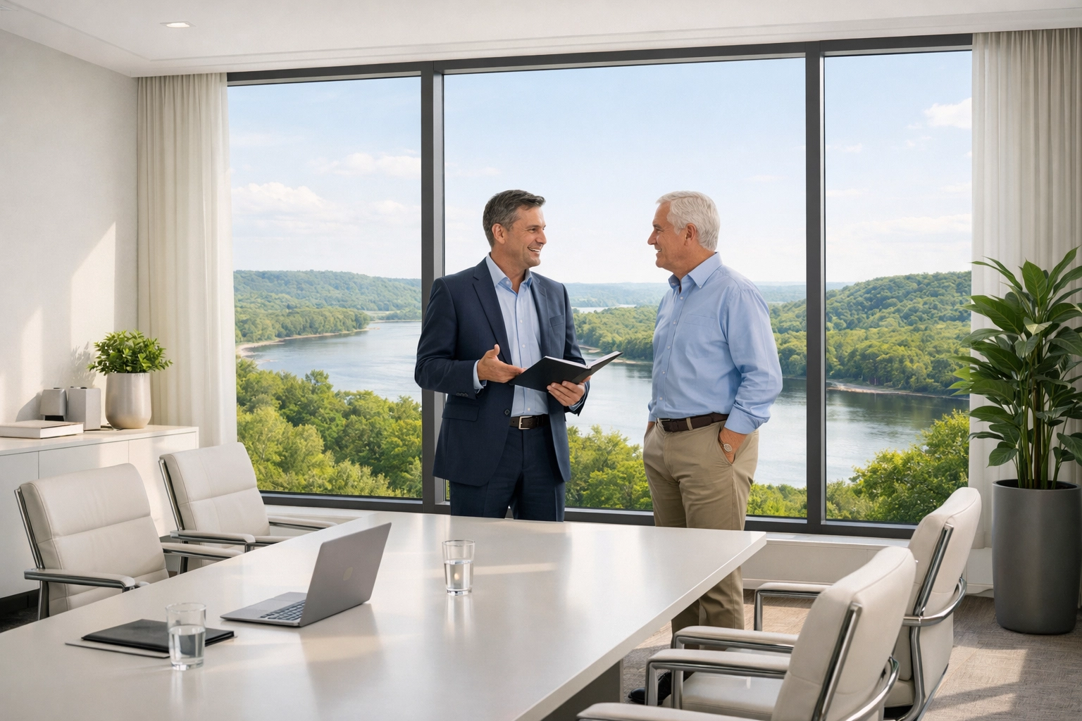 Advisor and owner discussing a business valuation in Mississippi to prepare for a company sale.