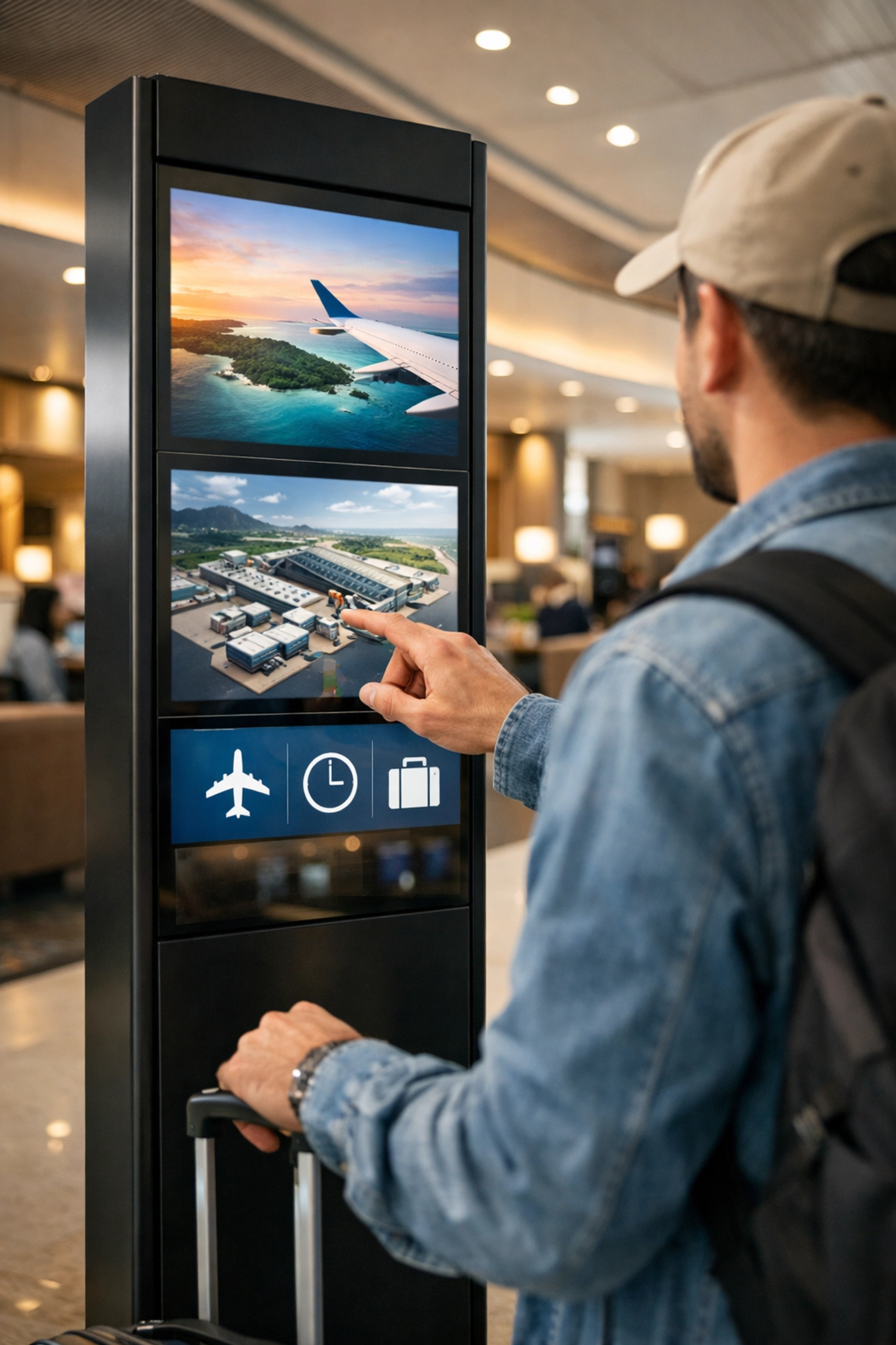 Traveler viewing interactive digital media at a Dakdan Worldwide optimized transit lounge.