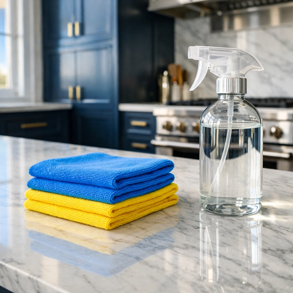 Eco-friendly supplies and a marble countertop highlight a professional seasonal deep cleaning in Milton.