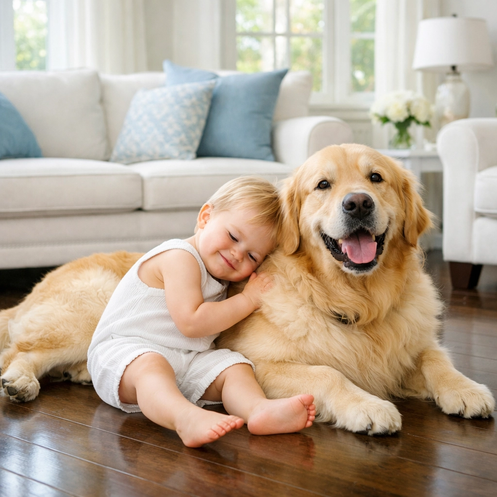 Toddler and dog playing on a clean hardwood floor after apartment cleaning services in Leominster MA.