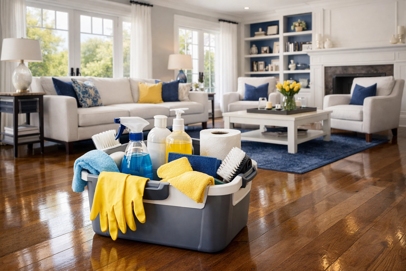 Professional house cleaning Paxton MA services showing a spotless luxury living room with a cleaning caddy.