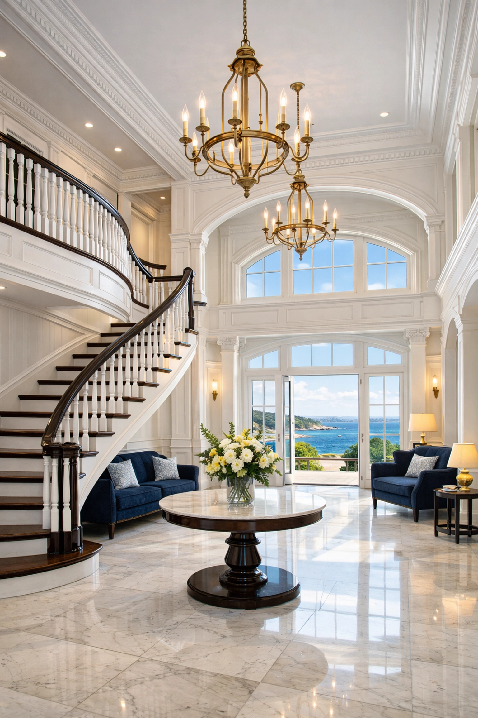 Pristine grand foyer with high ceilings after luxury house cleaning in Manchester-by-the-Sea.