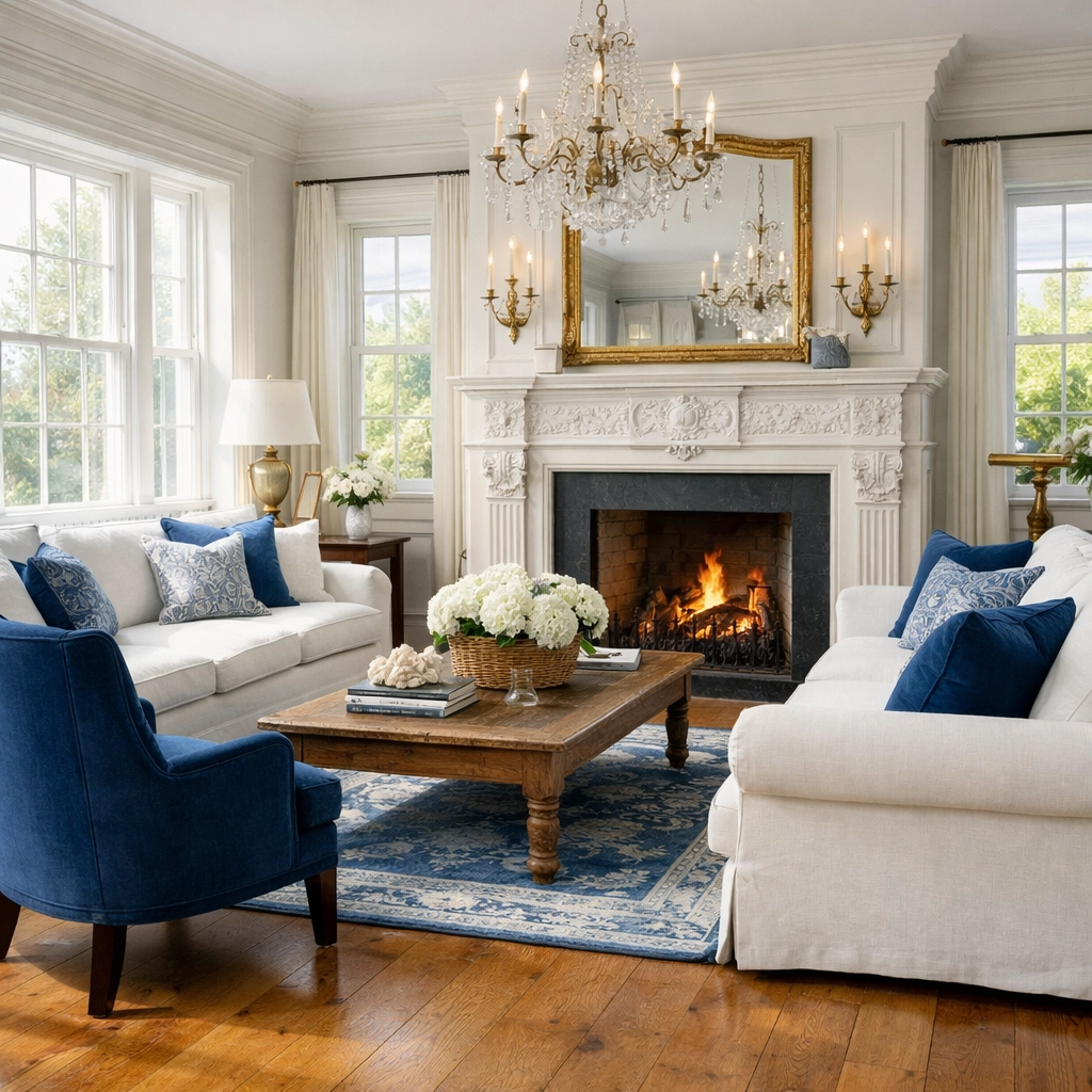 Pristine historic Marblehead estate living room with a white marble fireplace and sun-drenched colonial windows.