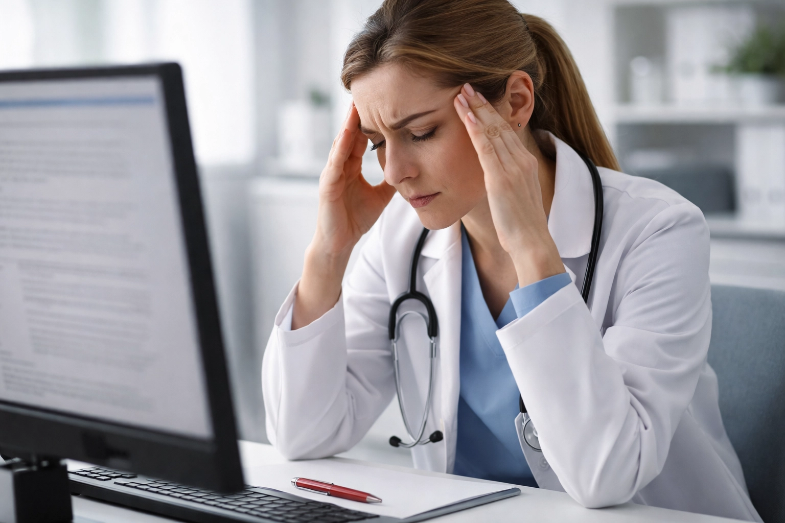 Frustrated healthcare professional correcting AI clinical notes, highlighting the time lost fixing software errors.