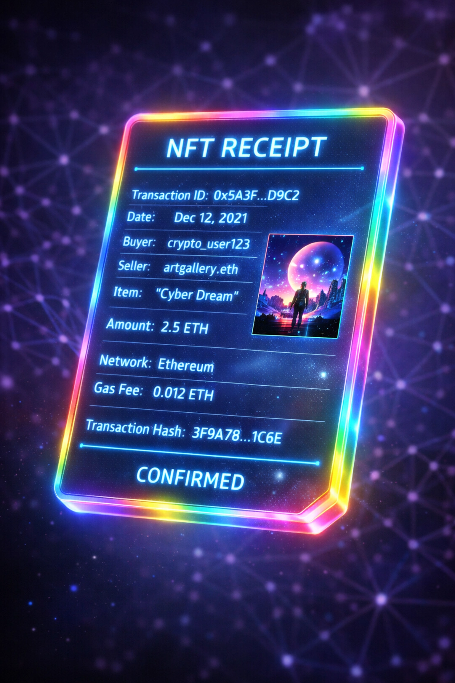 NFT receipt displaying blockchain transaction details with transparent verification