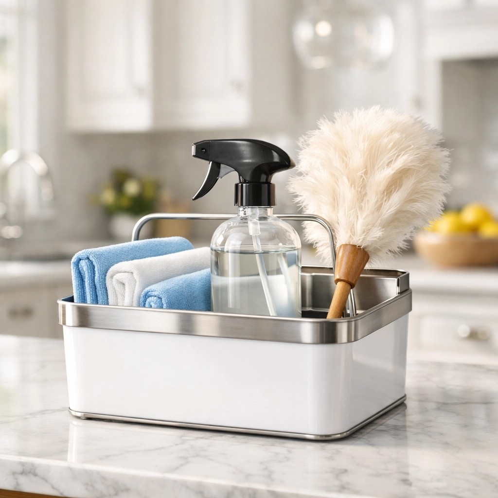 A professional cleaning caddy with microfiber cloths and supplies on a sunlit Lancaster kitchen counter.