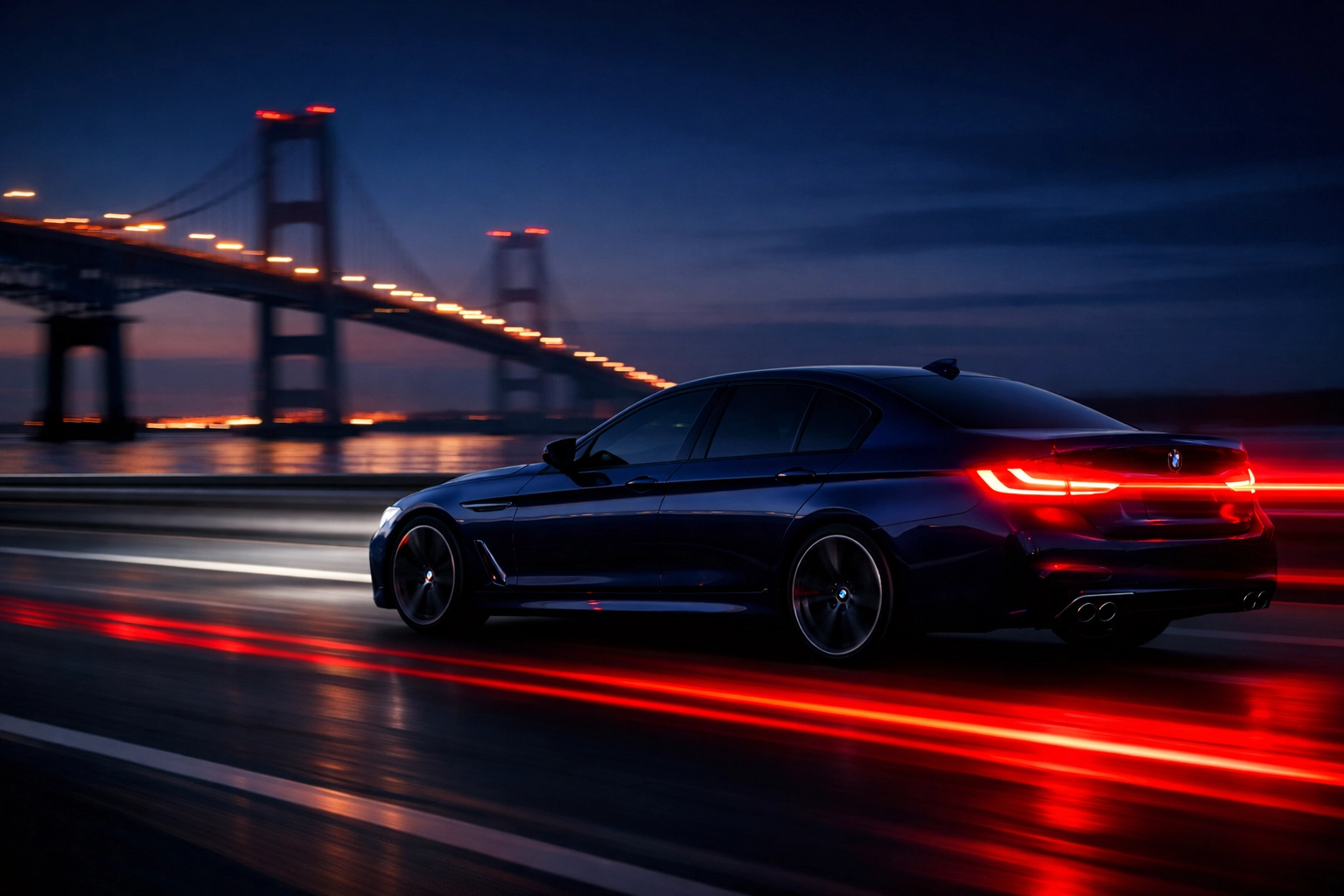 BMW sedan driving through Maryland at dusk, illustrating performance and suspension durability.