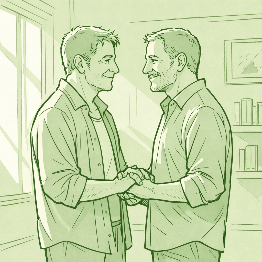 Two middle-aged gay men holding hands in a sunlit room, showing the emotional journey of coming out.