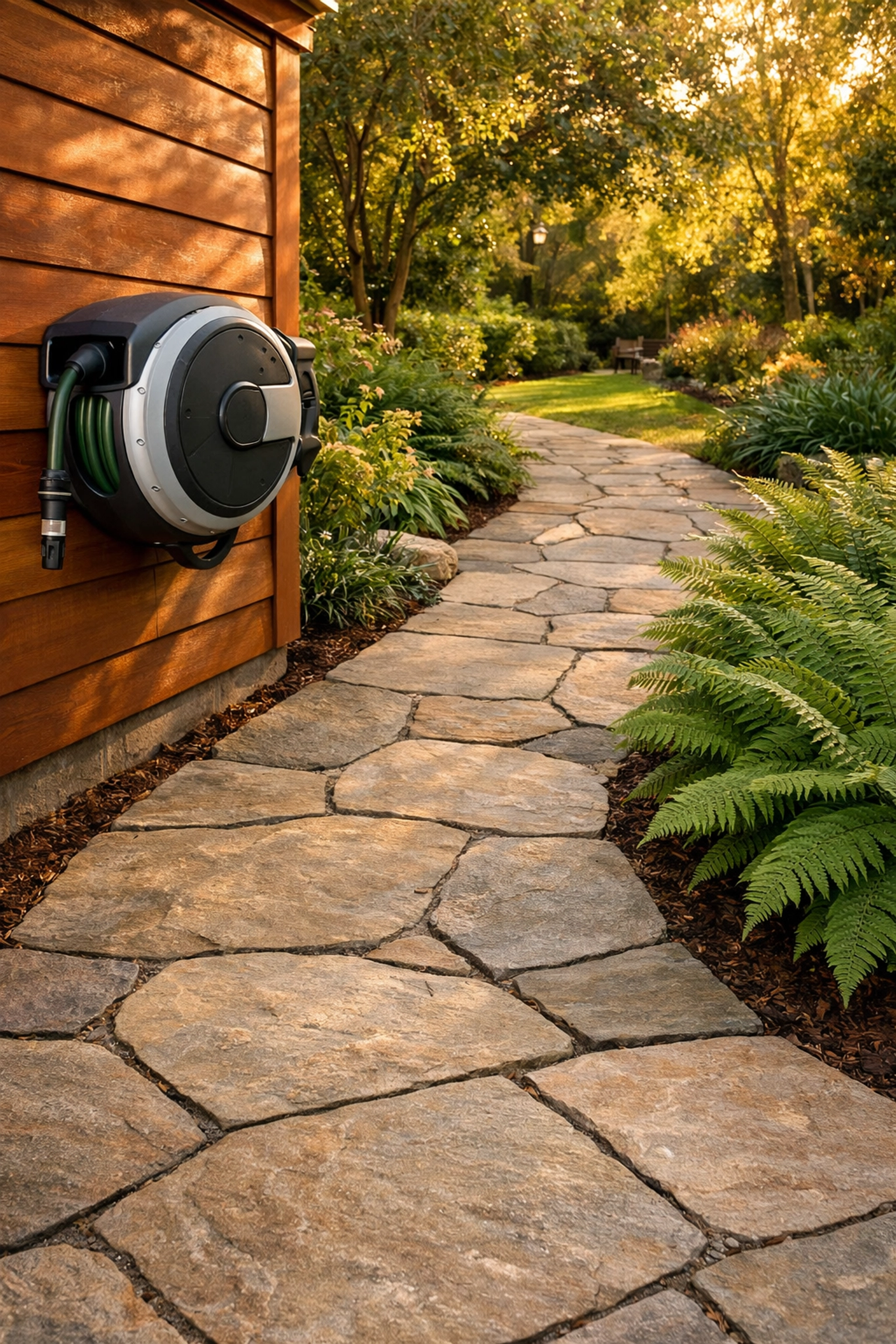 Level flagstone garden path with a retracted hose reel to prevent tripping hazards and ensure senior safety.