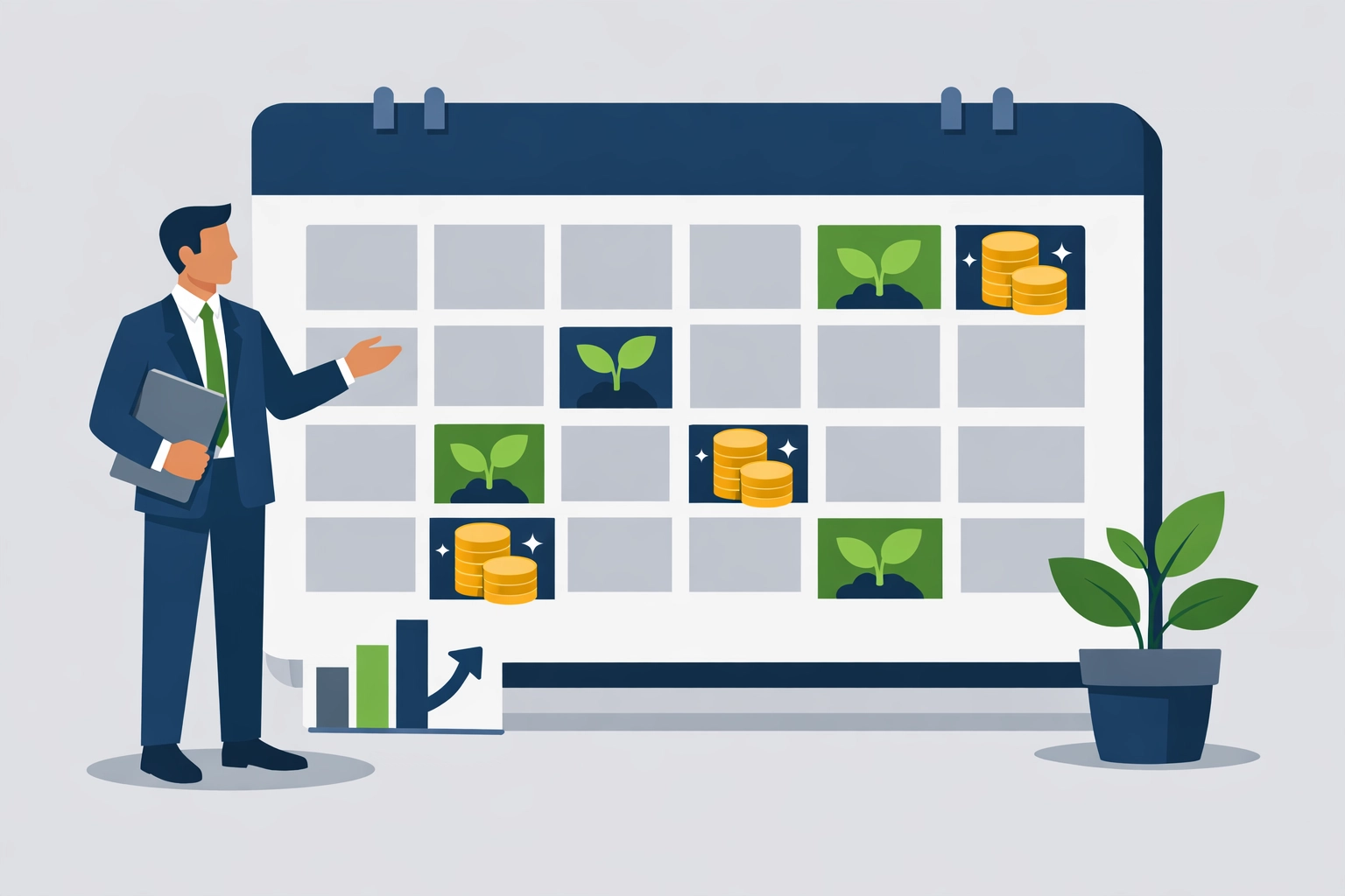 Flat design illustration of a professional managing a calendar to visualize year-round tax planning and growth.