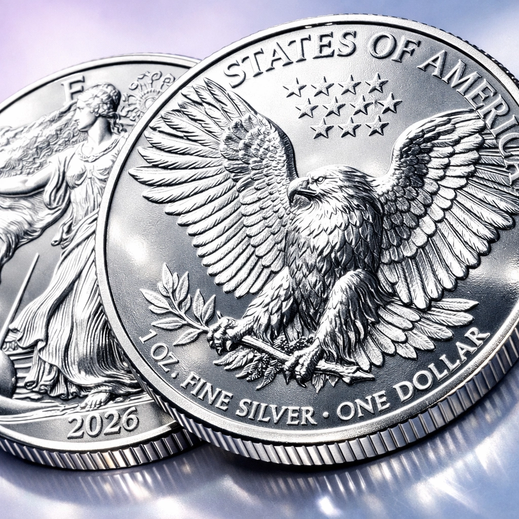 Close-up of a 2026 Silver Eagle coin with Walking Liberty design for a patriotic coins auction.