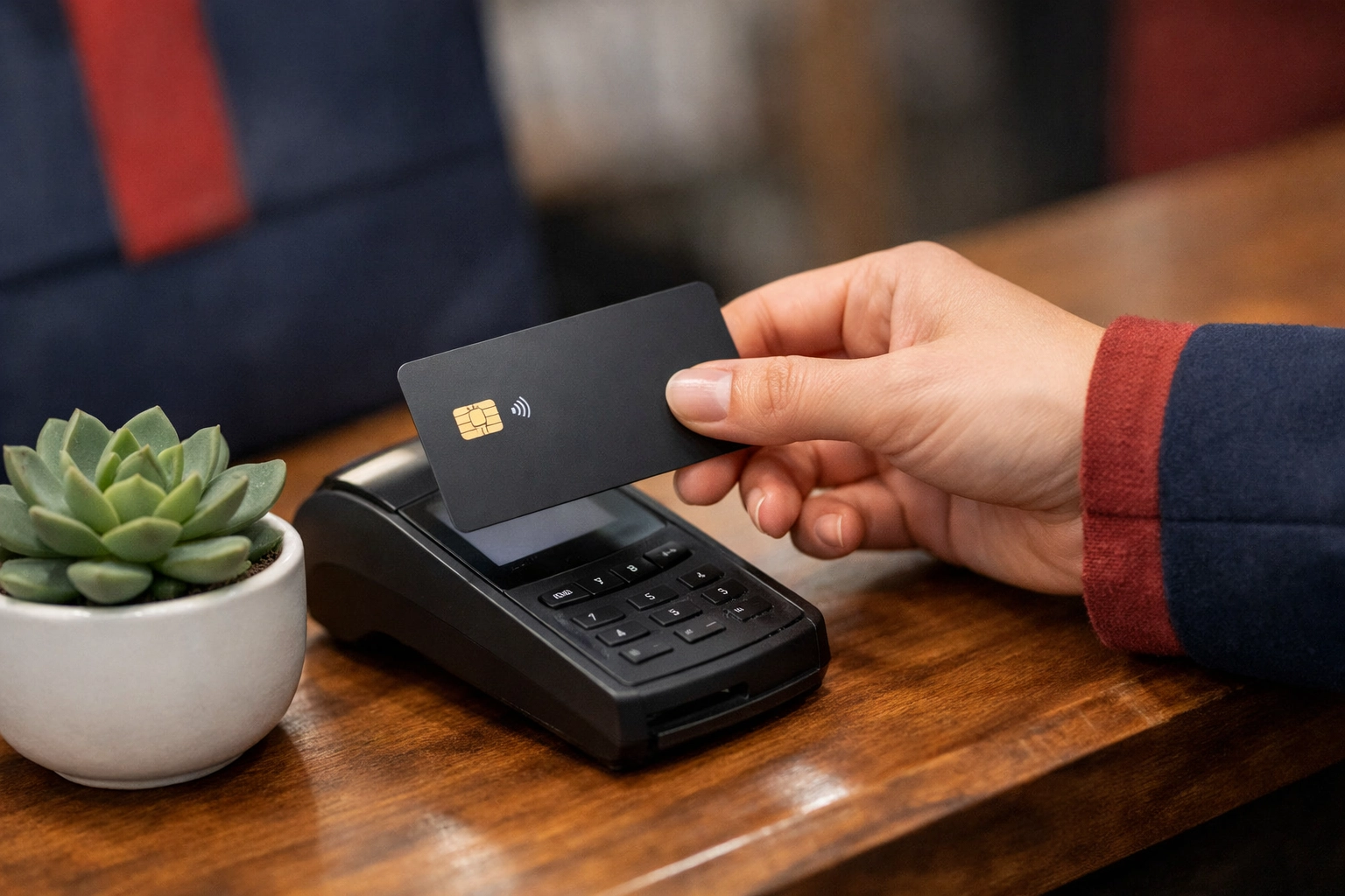 A person using a secured credit card at a local boutique to build a positive payment history.