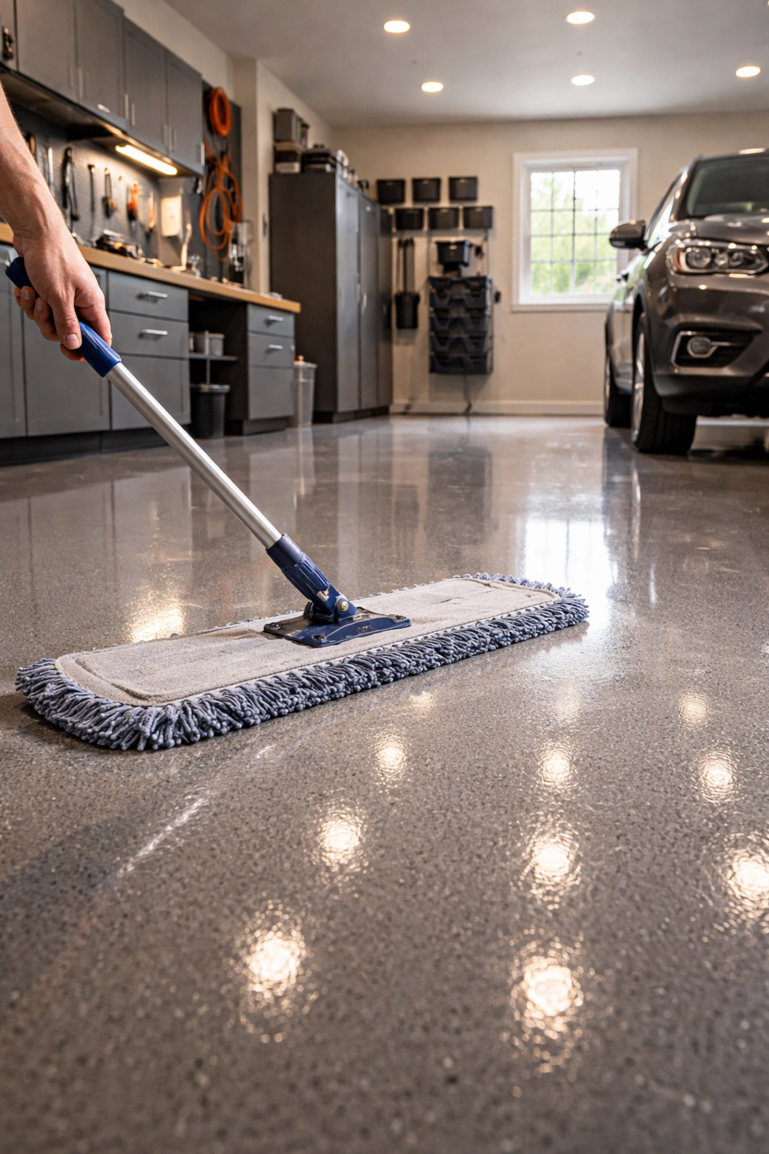 Sweeping a glossy epoxy garage floor with a microfiber dust mop for daily maintenance and high-gloss shine.