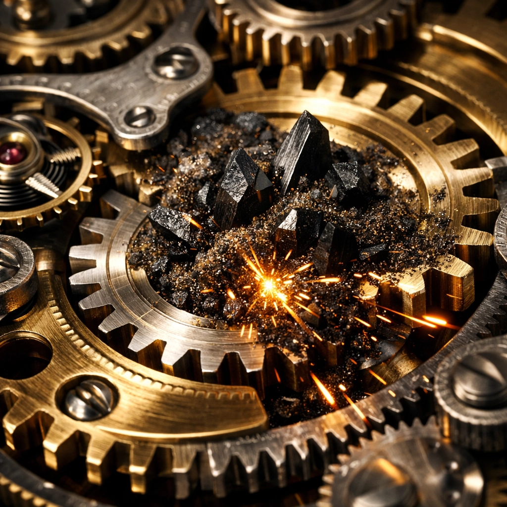 Grit and sand clogging a golden gear mechanism representing process offenders and business operational friction.