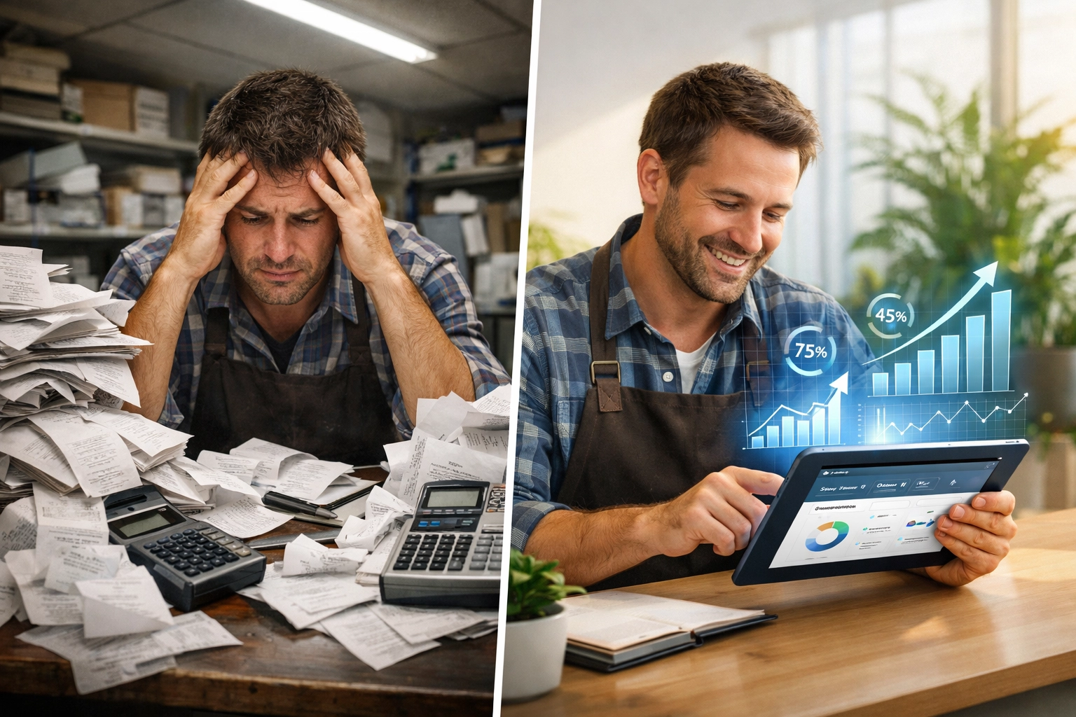 Merchant transitioning from traditional paper receipts to Larecoin digital dashboard with analytics