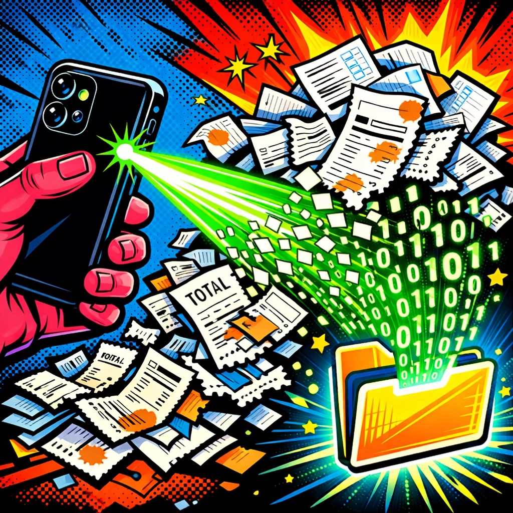 Smartphone using AI OCR to scan receipts and digitize business documents for easy admin filing.