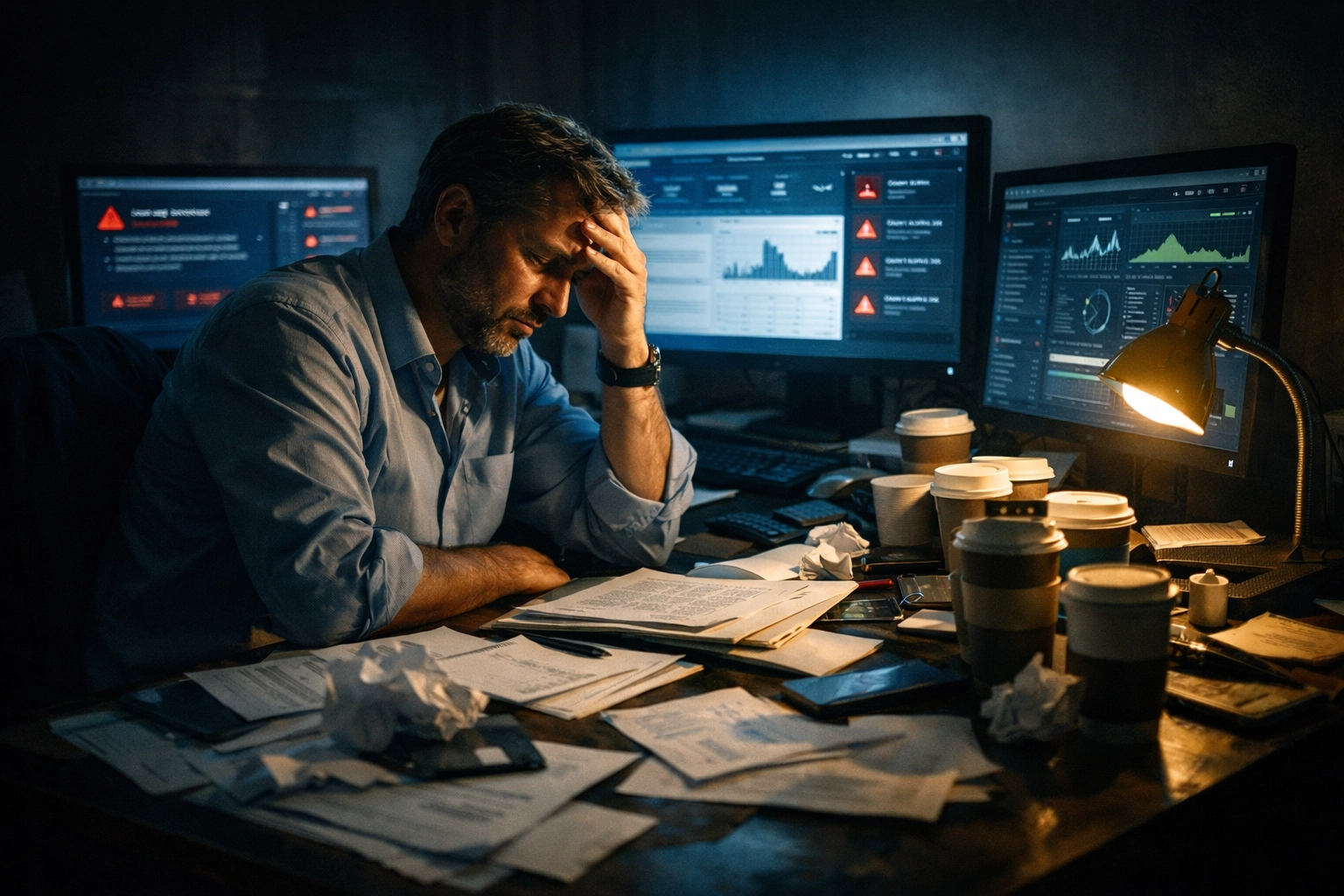 Overwhelmed MSP owner working late surrounded by monitors showing the growth trap