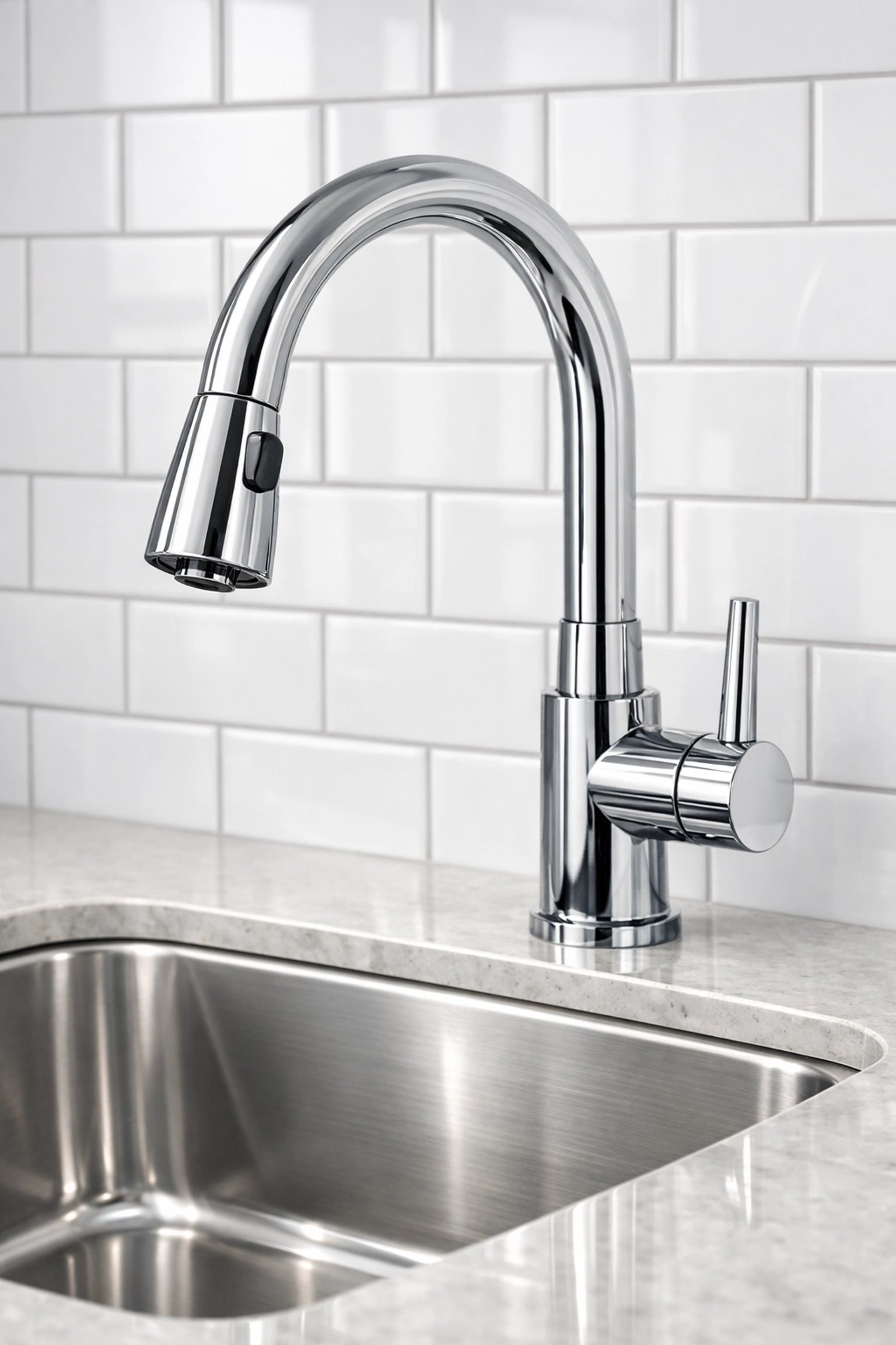 Polished stainless steel kitchen sink and clean grout lines in a move-out ready Indianapolis unit.