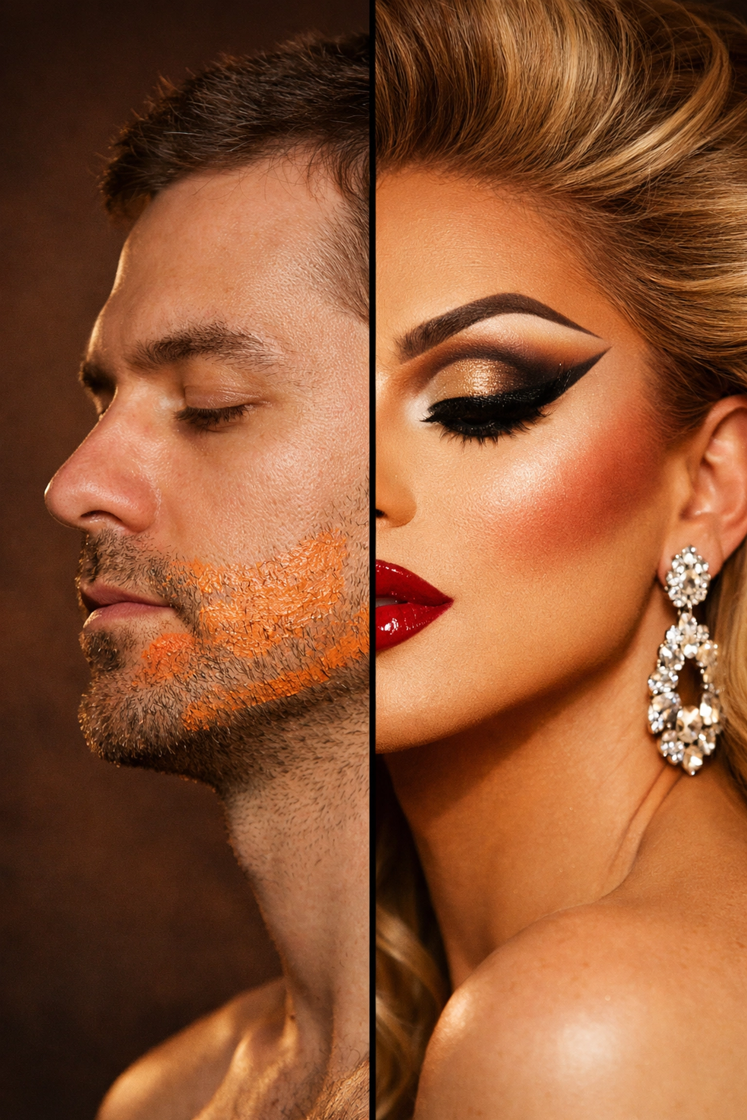Before and after drag queen makeup transformation showing contour and highlighting techniques