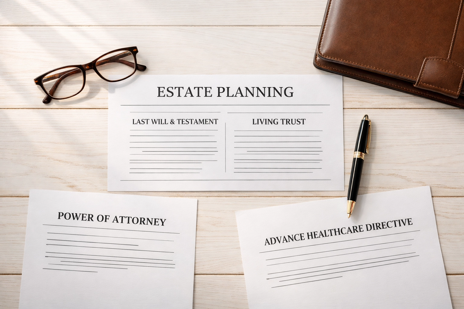 Organized estate planning documents and pen on desk ready for notarization in Omaha