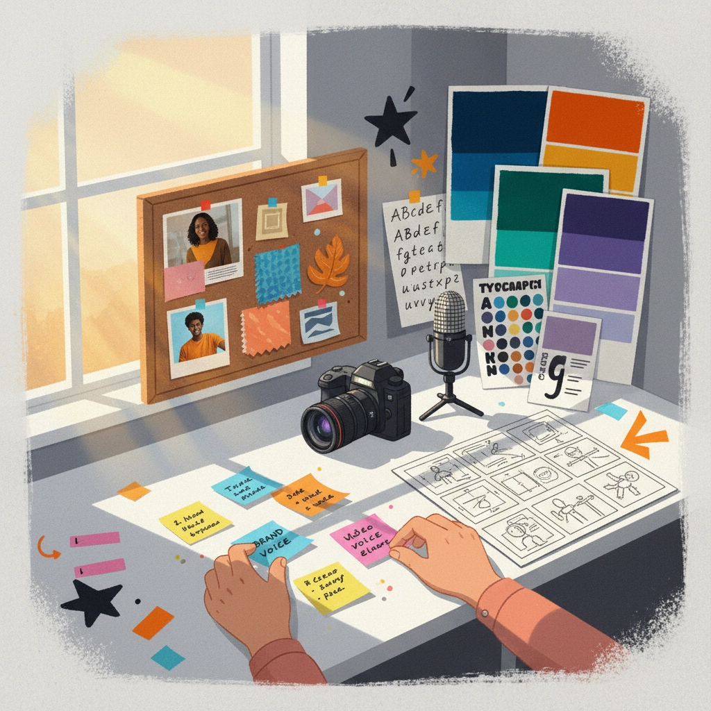 A creative workspace bathed in sunlight showcases a variety of design elements: a camera, microphone, color swatches, typography samples, a storyboard, and inspiration on a pinboard, illustrating the dynamic process of content creation and brand development.


