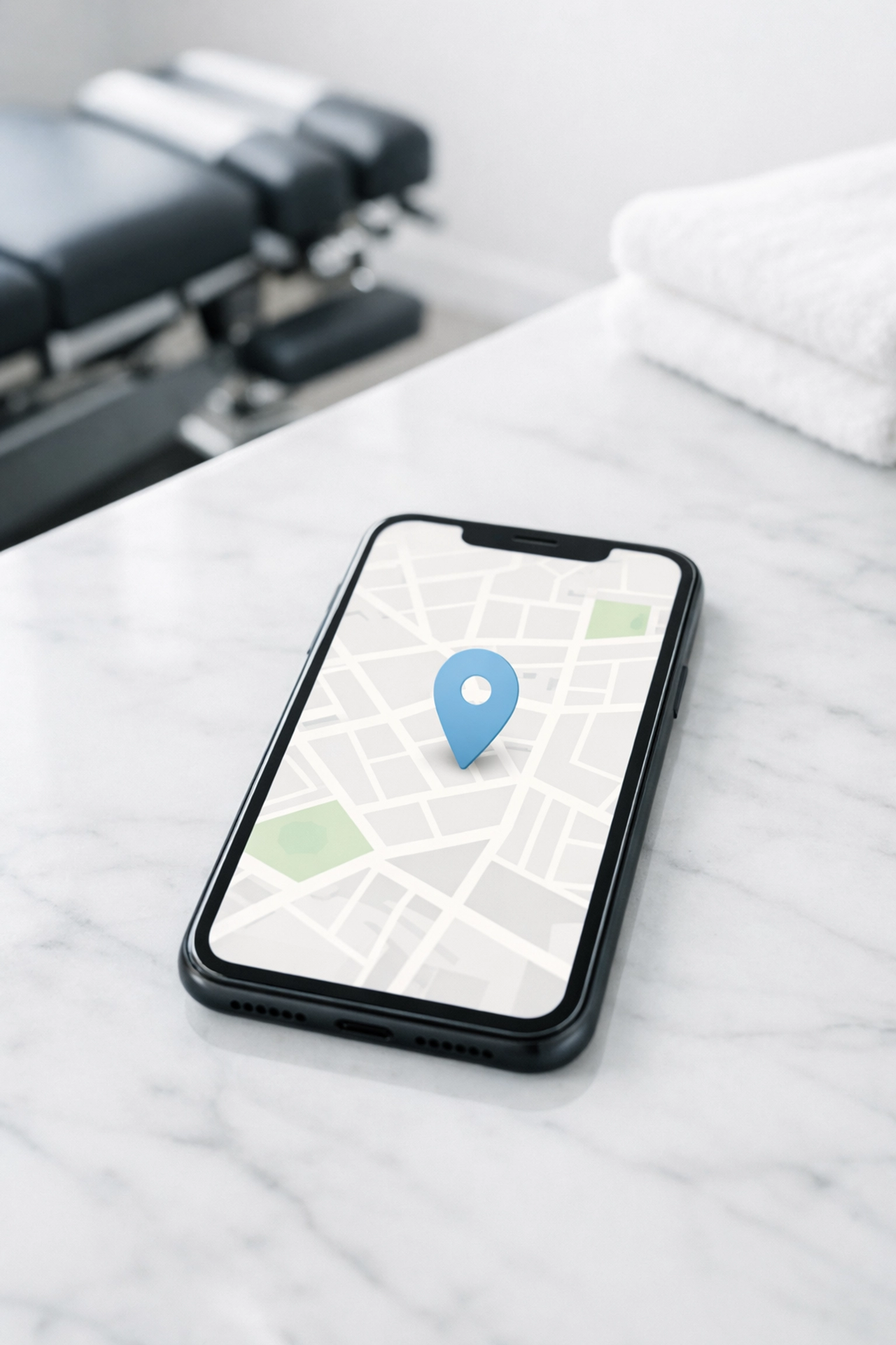 Local SEO for chiropractors shown through a smartphone map pin in a professional clinical setting.