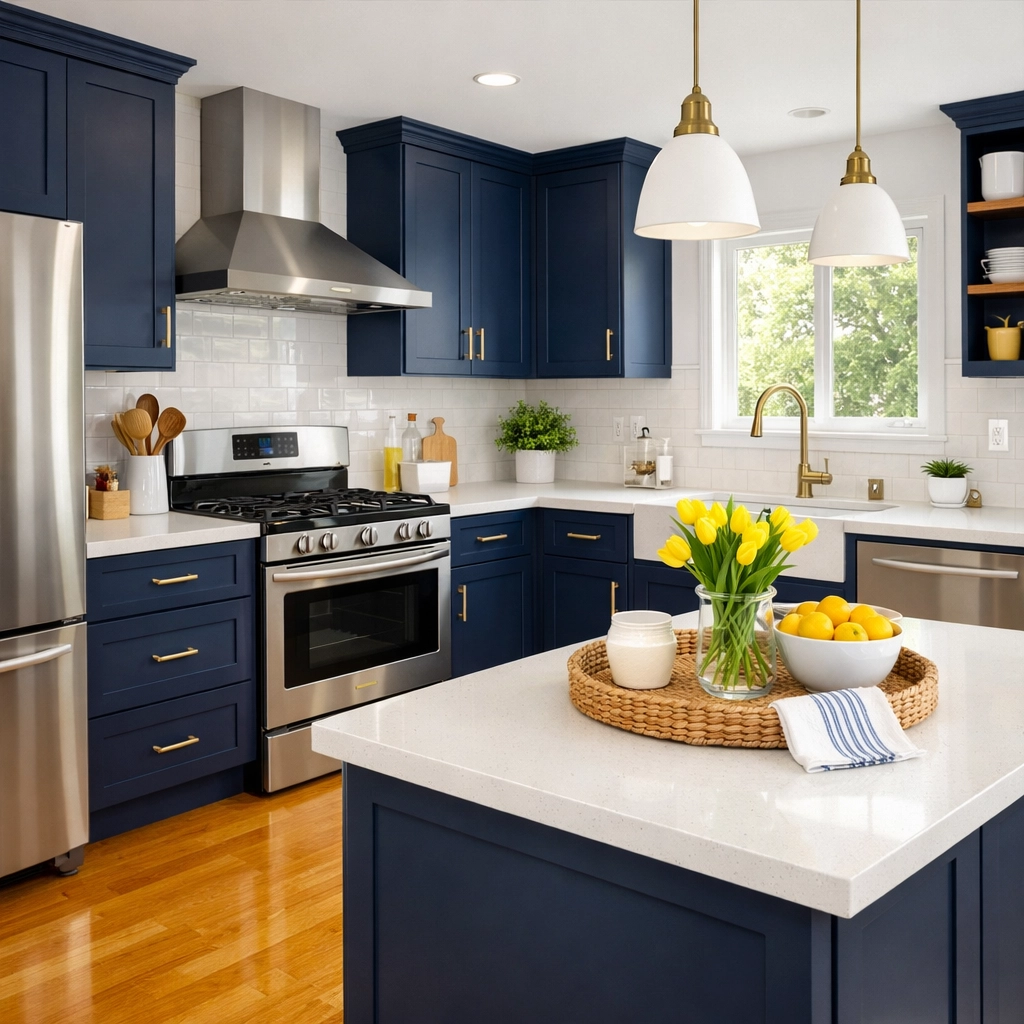Sanitized modern kitchen in a Fitchburg estate featuring sparkling white countertops and clean hardwood floors.
