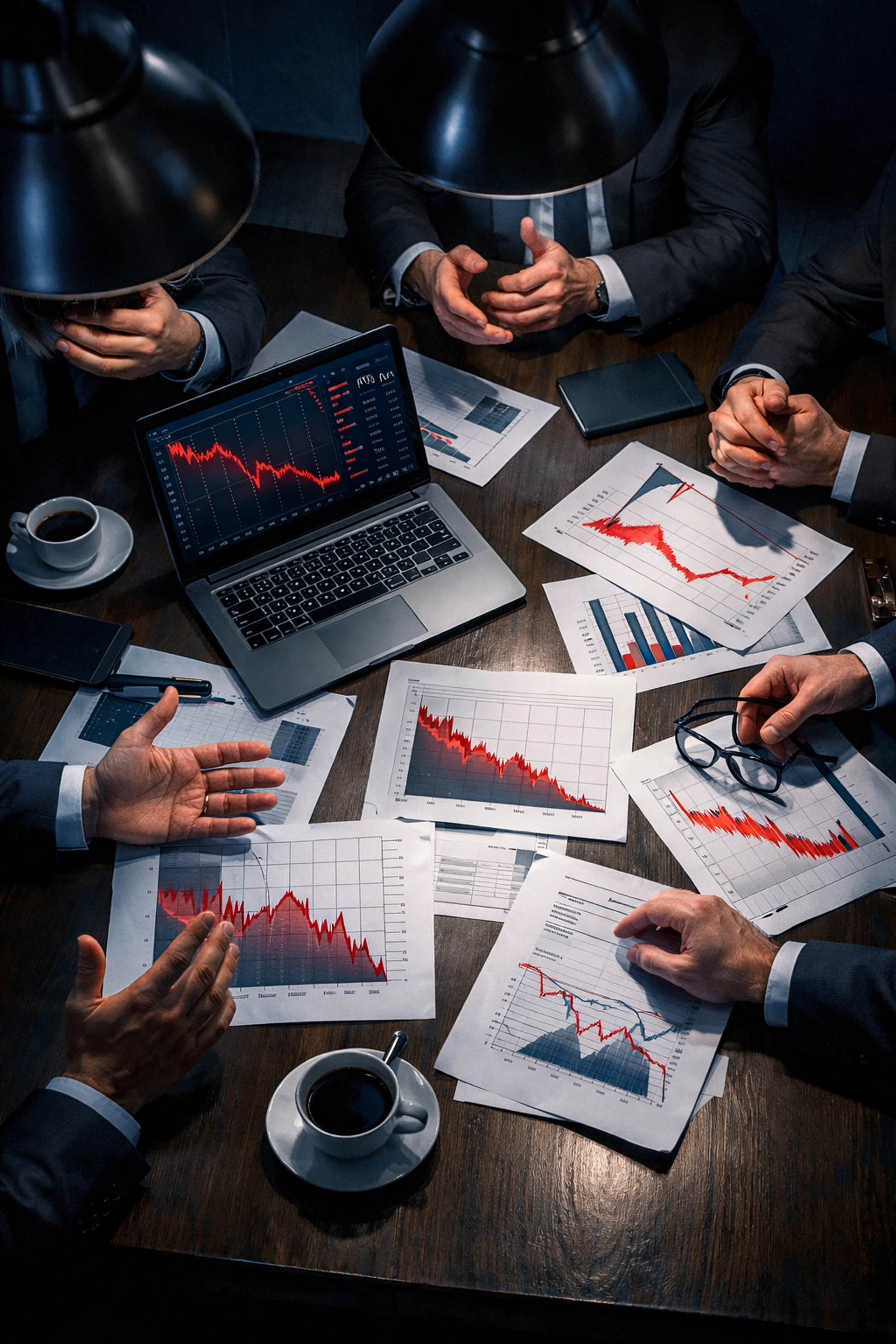 Corporate executives reviewing declining market charts during financial crisis meeting
