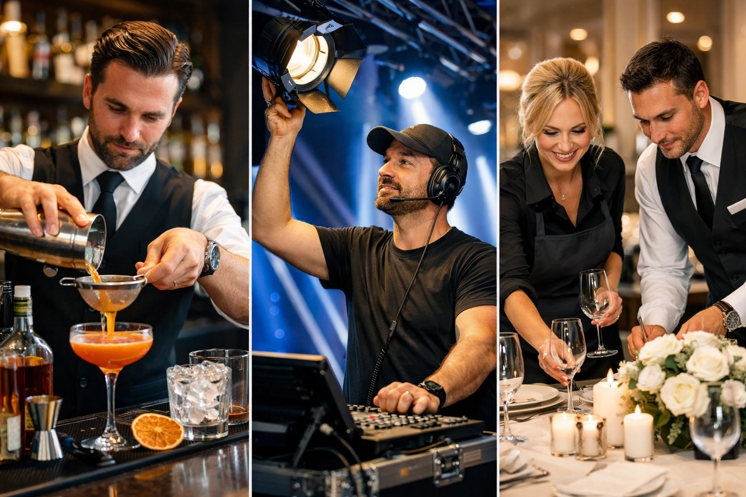 Specialist event workers including bartender, AV technician, and catering staff at professional venue