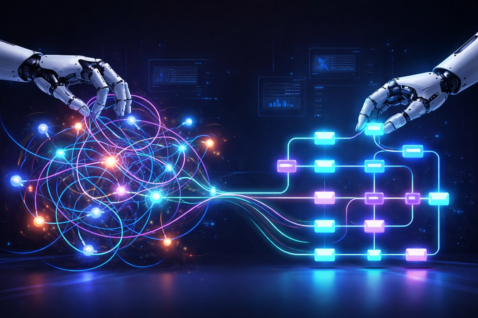 Robotic hands streamlining a chaotic digital workflow, illustrating efficient process automation for small businesses