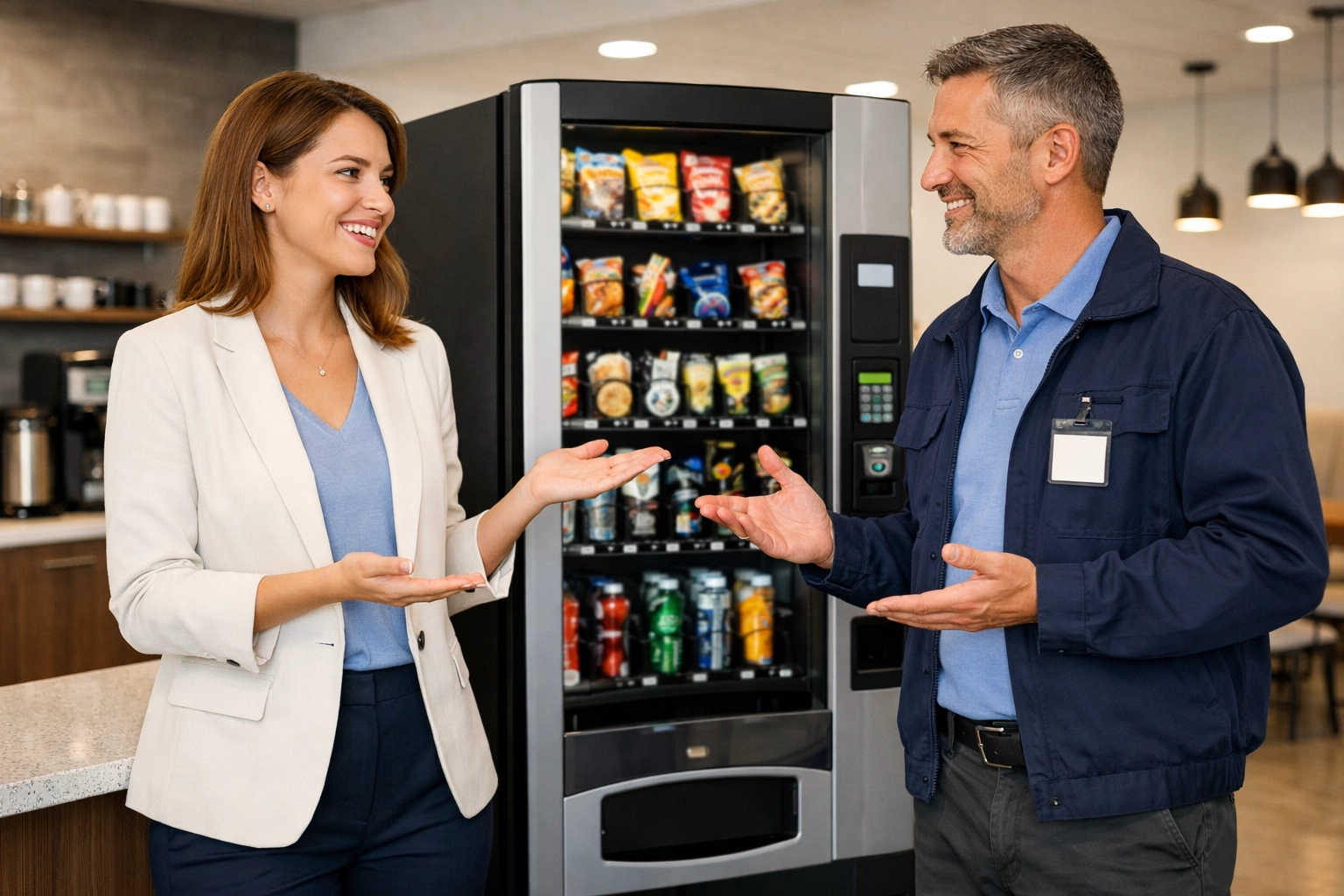 Vending entrepreneur and facility manager discussing placement in a corporate breakroom setting.