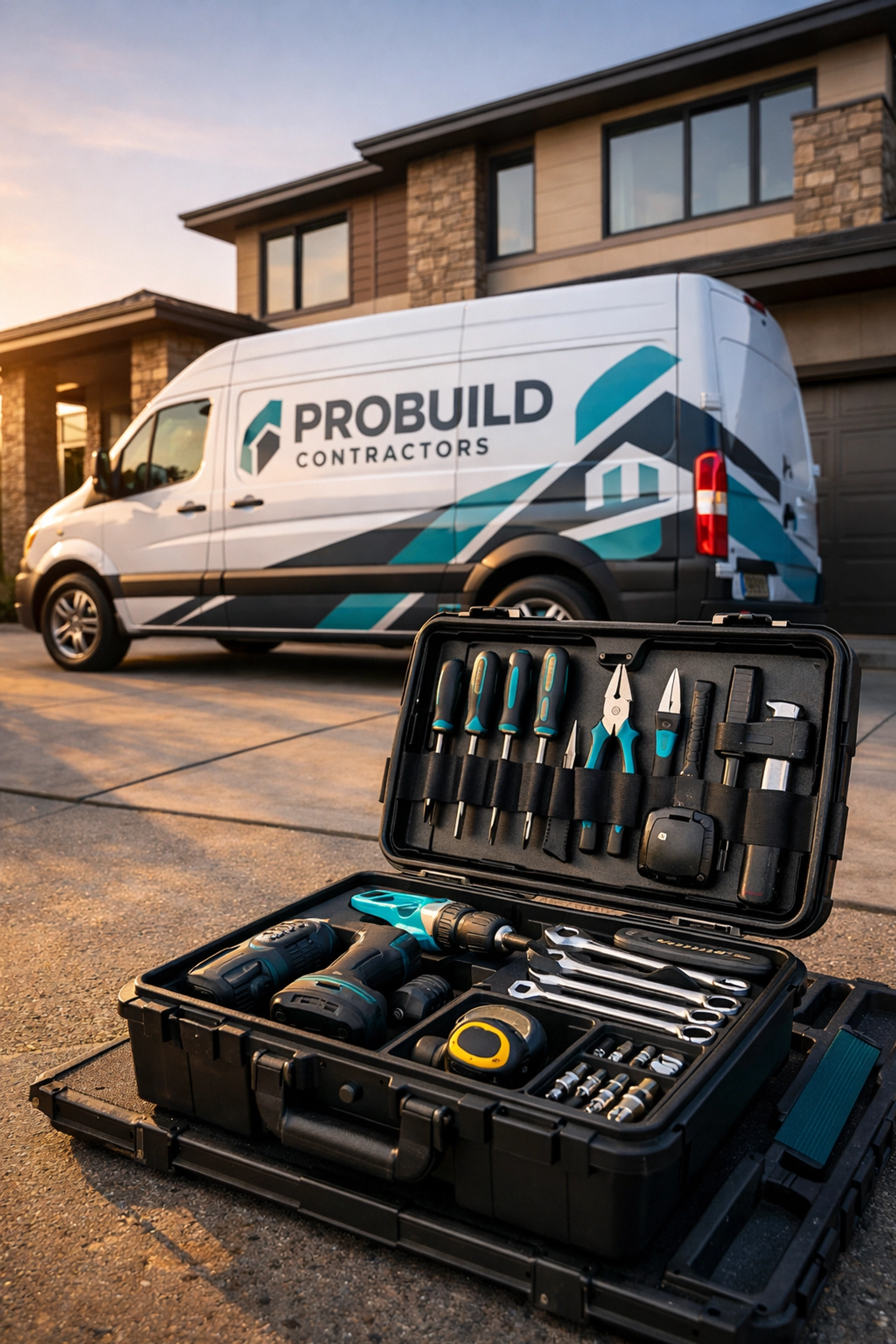 Branded contractor van parked at high-end residential property