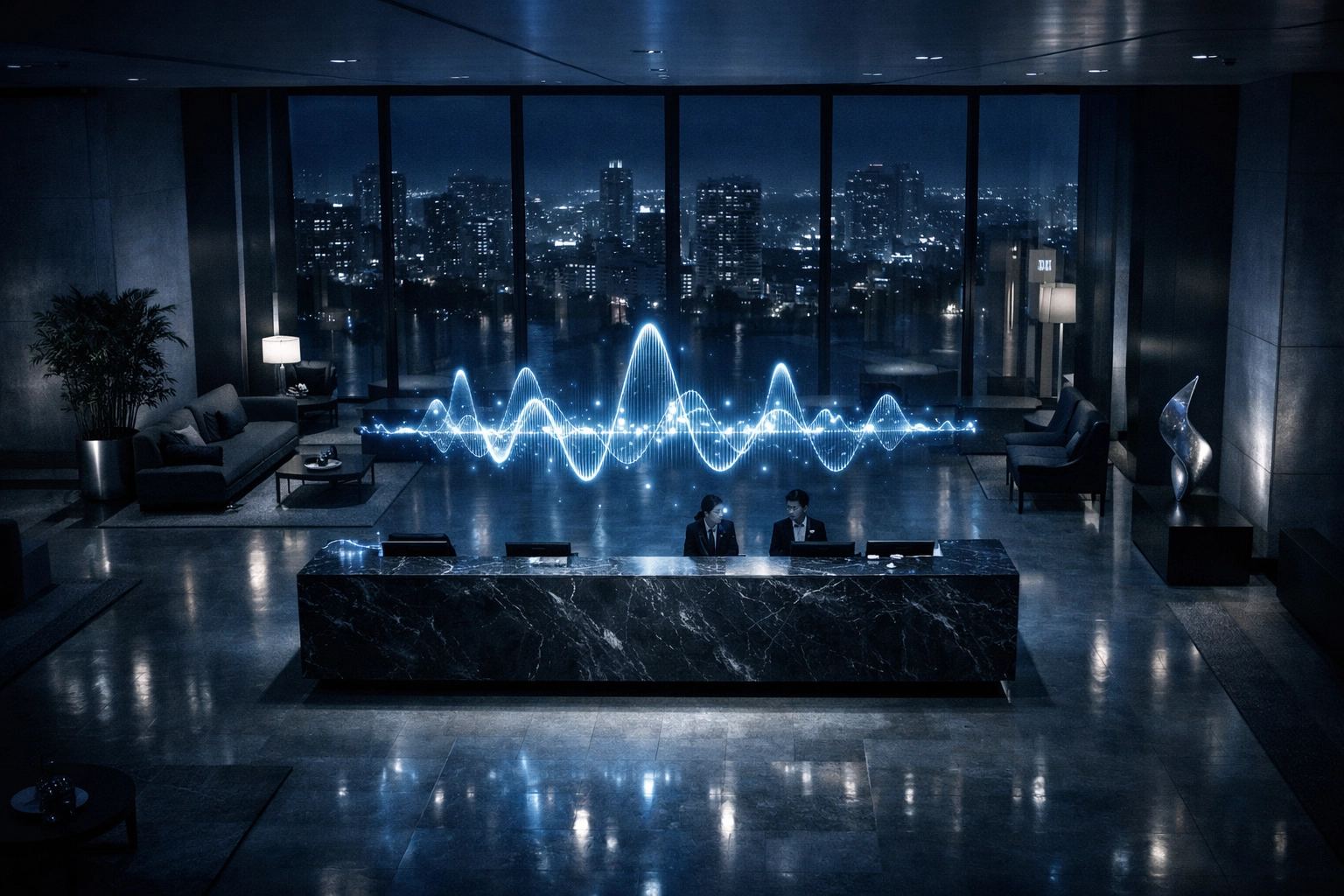 A luxury hotel lobby at night with a digital pulse at reception representing 24/7 AI voice agent coverage.
