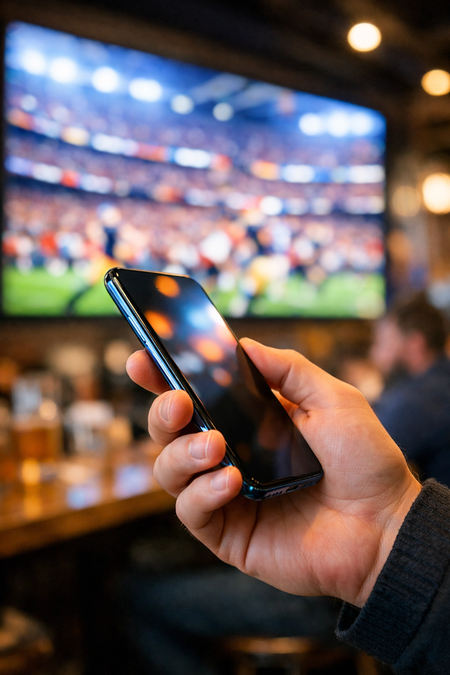 Fan using a smartphone to interact with a digital out-of-home sports screen in a modern bar.