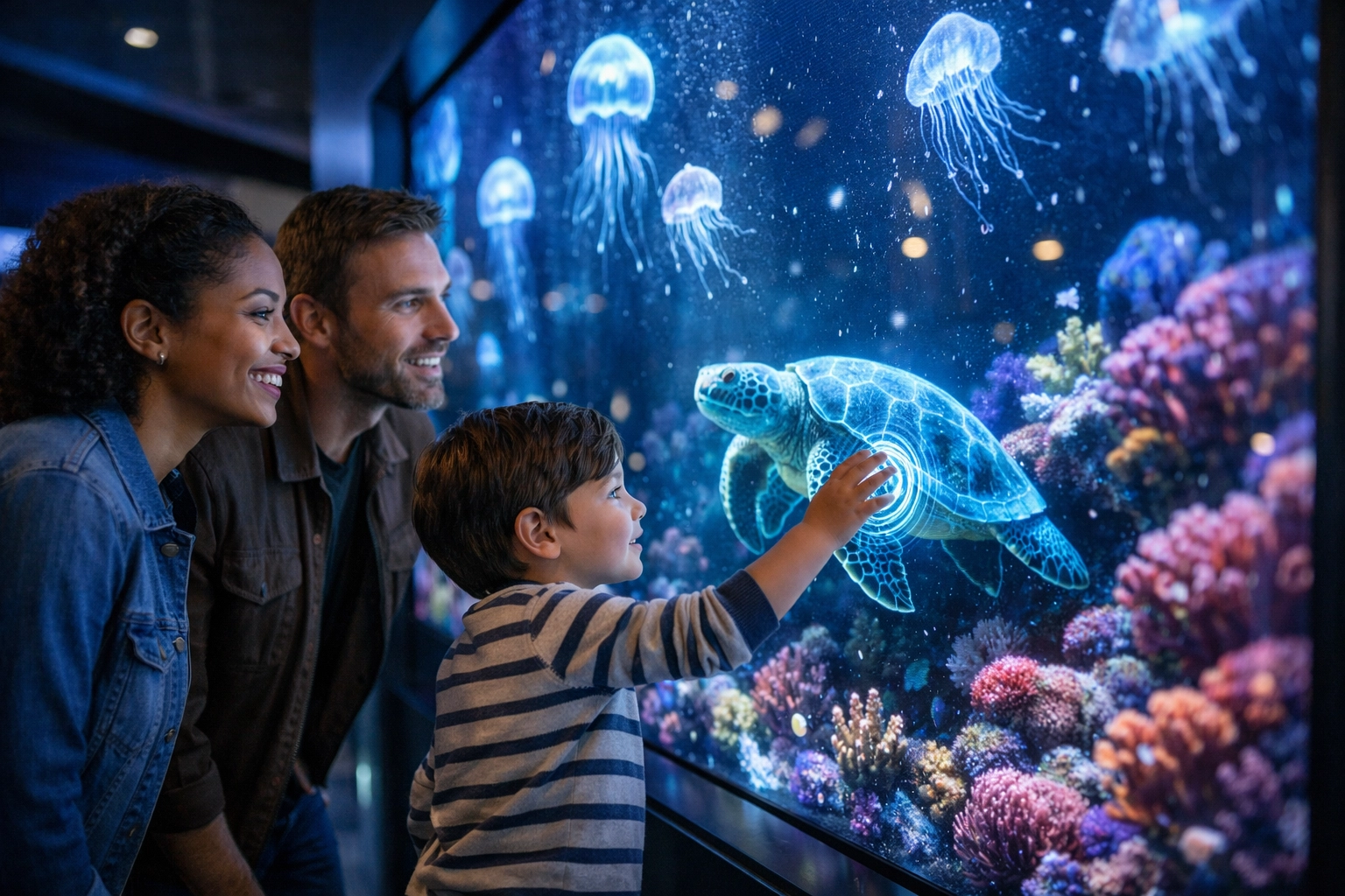 Family using a large interactive digital touch screen at a modern aquarium exhibit to explore marine life.
