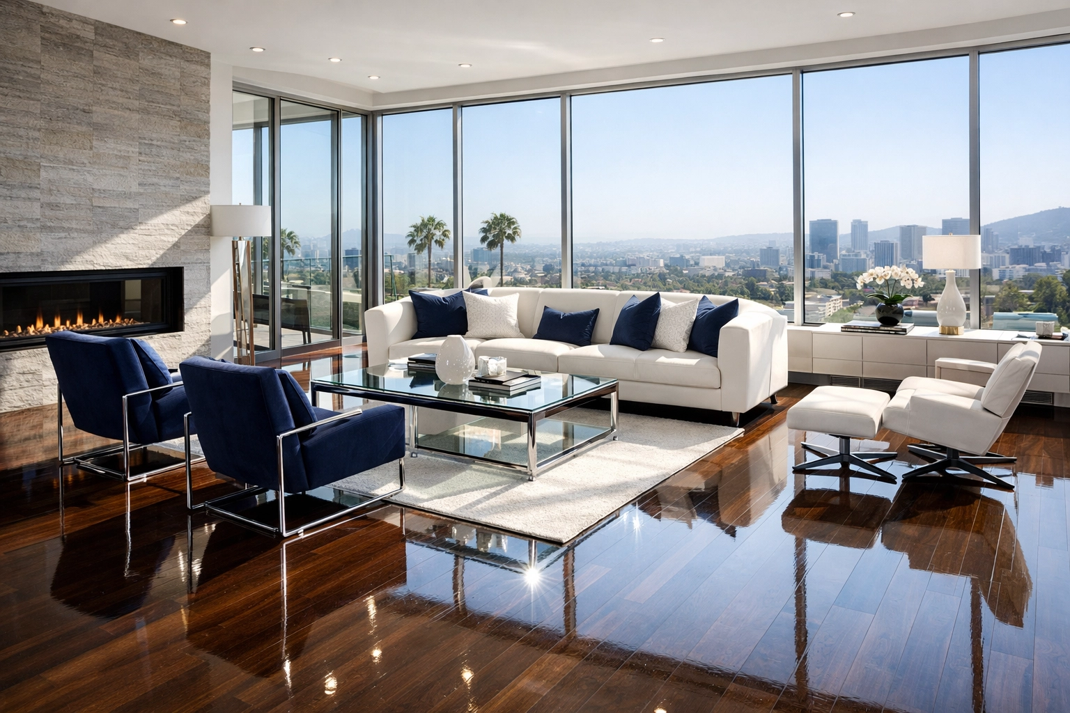 Pristine living room with streak-free hardwood floors from a premium Westwood home cleaning session.