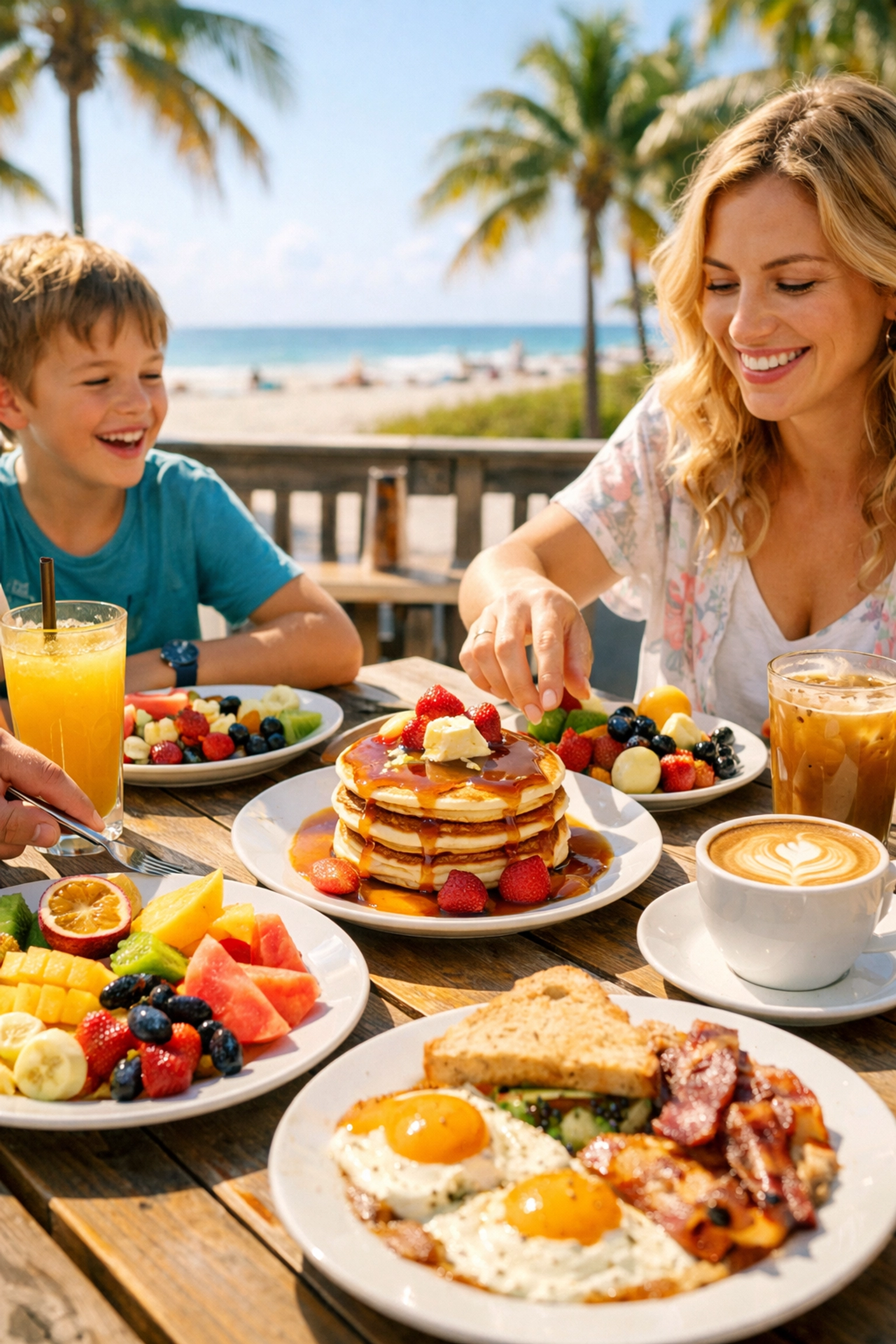 A family enjoying breakfast at a beachside cafe, highlighting top food spots for a fun family vacation.