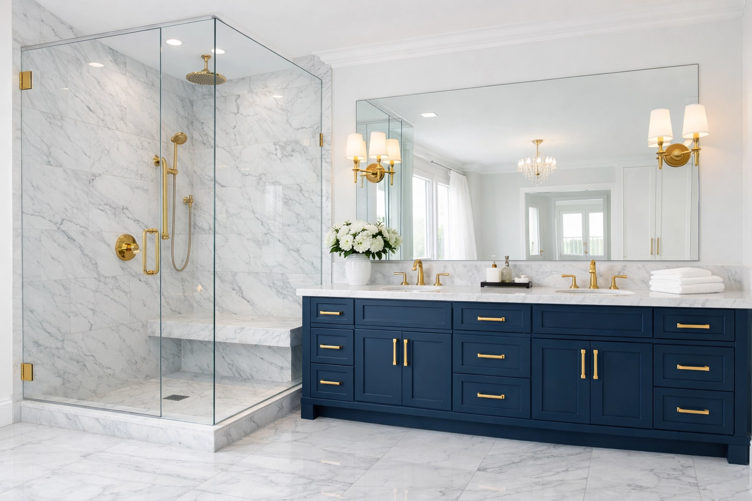 A luxury, professionally cleaned bathroom with clear mirrors and high-end residential finishes.