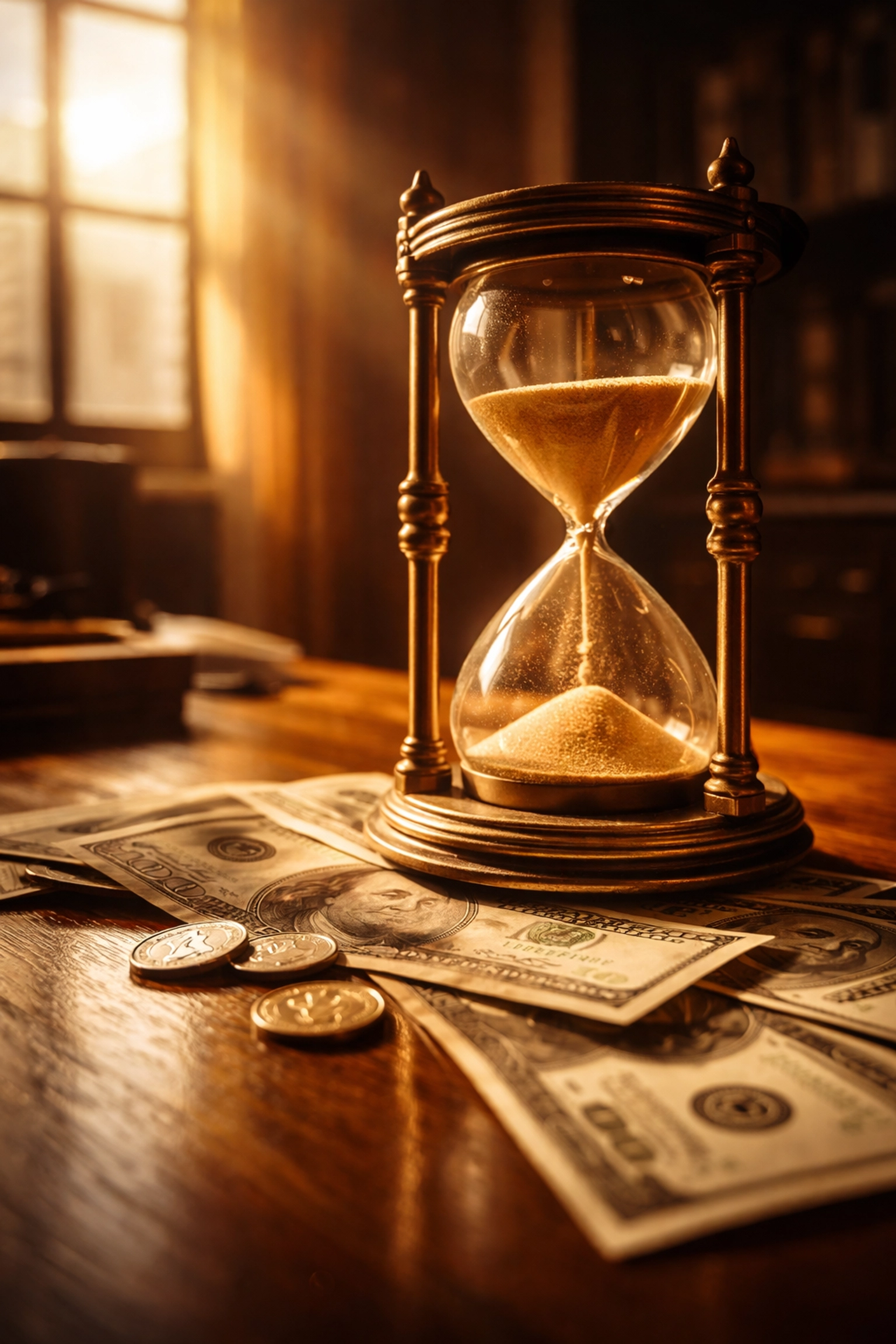 Vintage hourglass and money on desk symbolizing how time increases life insurance costs with age